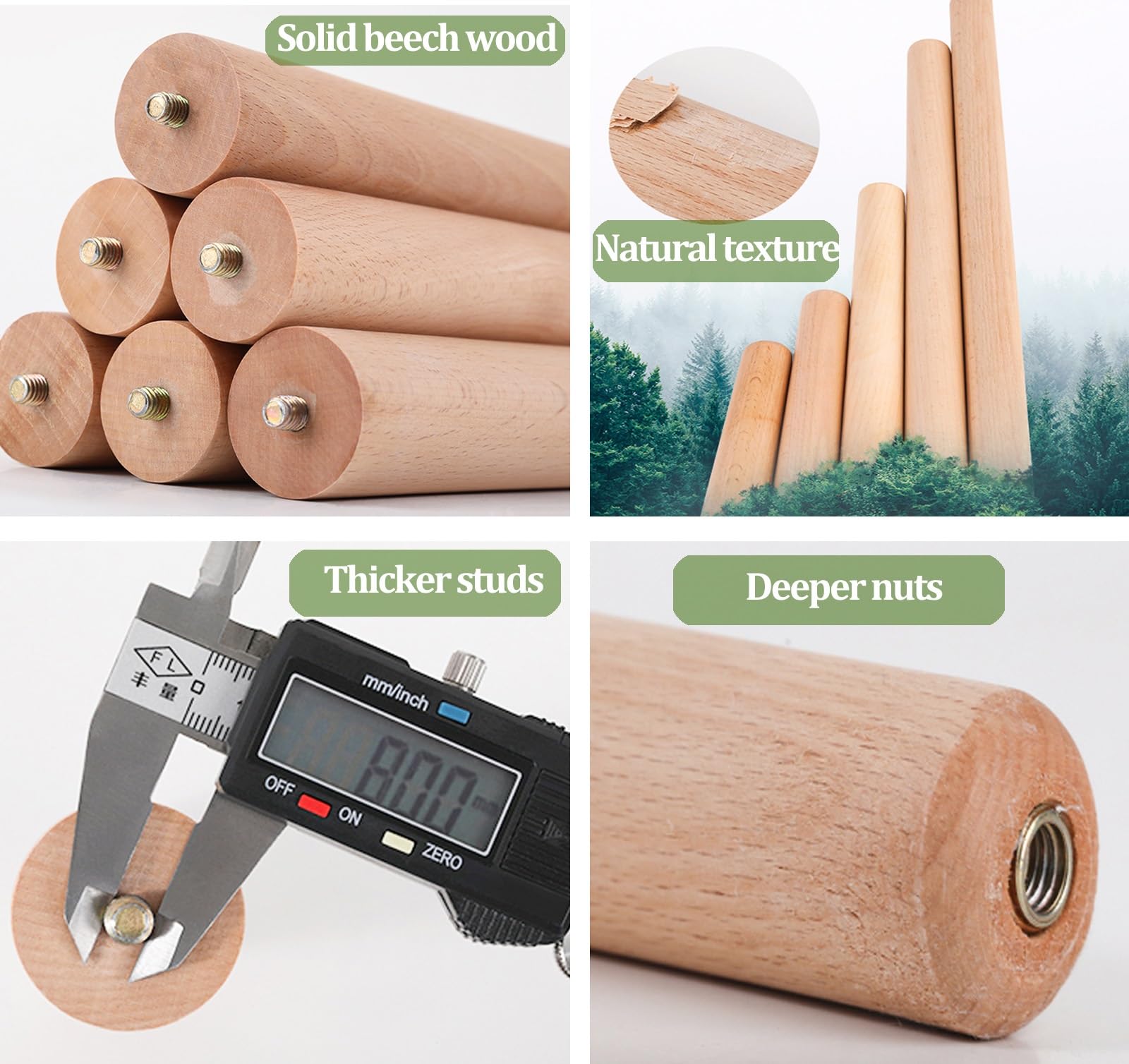 4 Gambe per mobili in Legno con Ruote universali, Piedini Conici per divani, armadi, tavolini e divani - Altezza Regolabile 50+6,2 cm, Ideale per l'arredamento della casa.