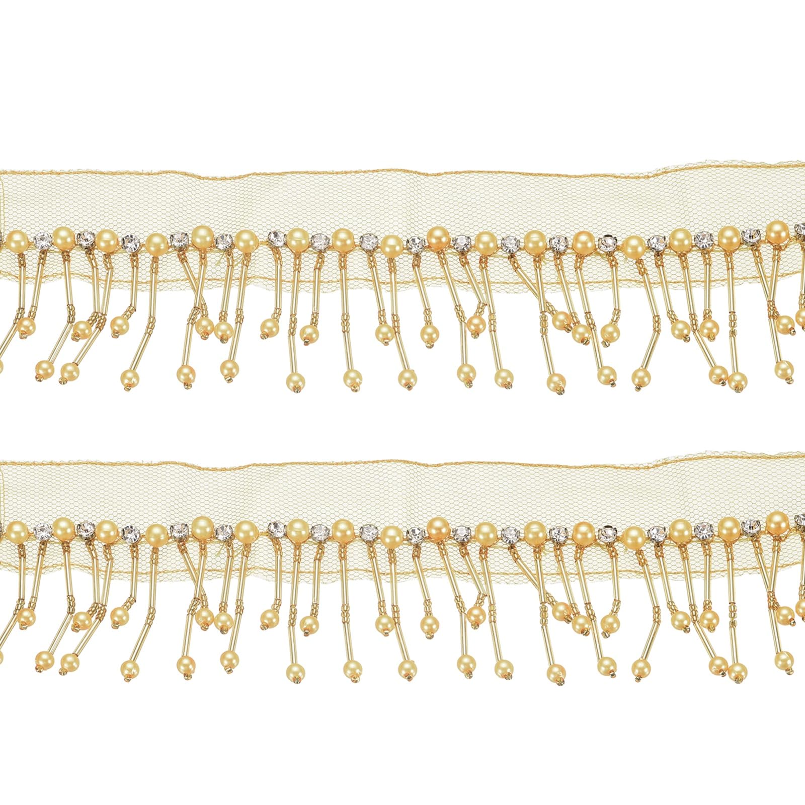 PATIKIL 1 Yard 2.5 Inch Rhinestone Pearl Fringe Trim, Rhinestone Fringe Trim Pearl Crystal Tassel Ribbon for Sewing Clothing Wedding Handbags Lamp Shade Home Decor DIY Crafts, Dark Gold
