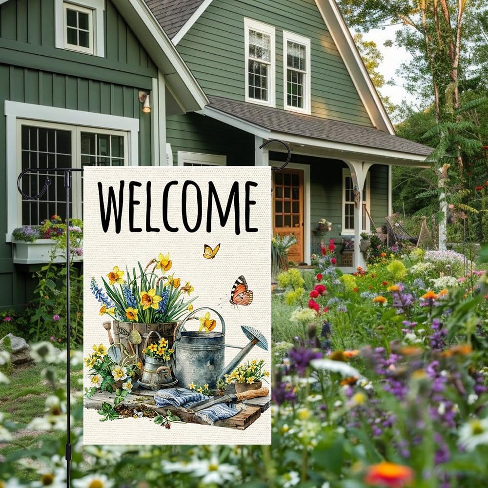 Welcome Spring Garden Flag Colorful Floral Small Home Yard 12x18 Inch Double Sided Burlap Butterfly Outside Lawn Flags - Image 8