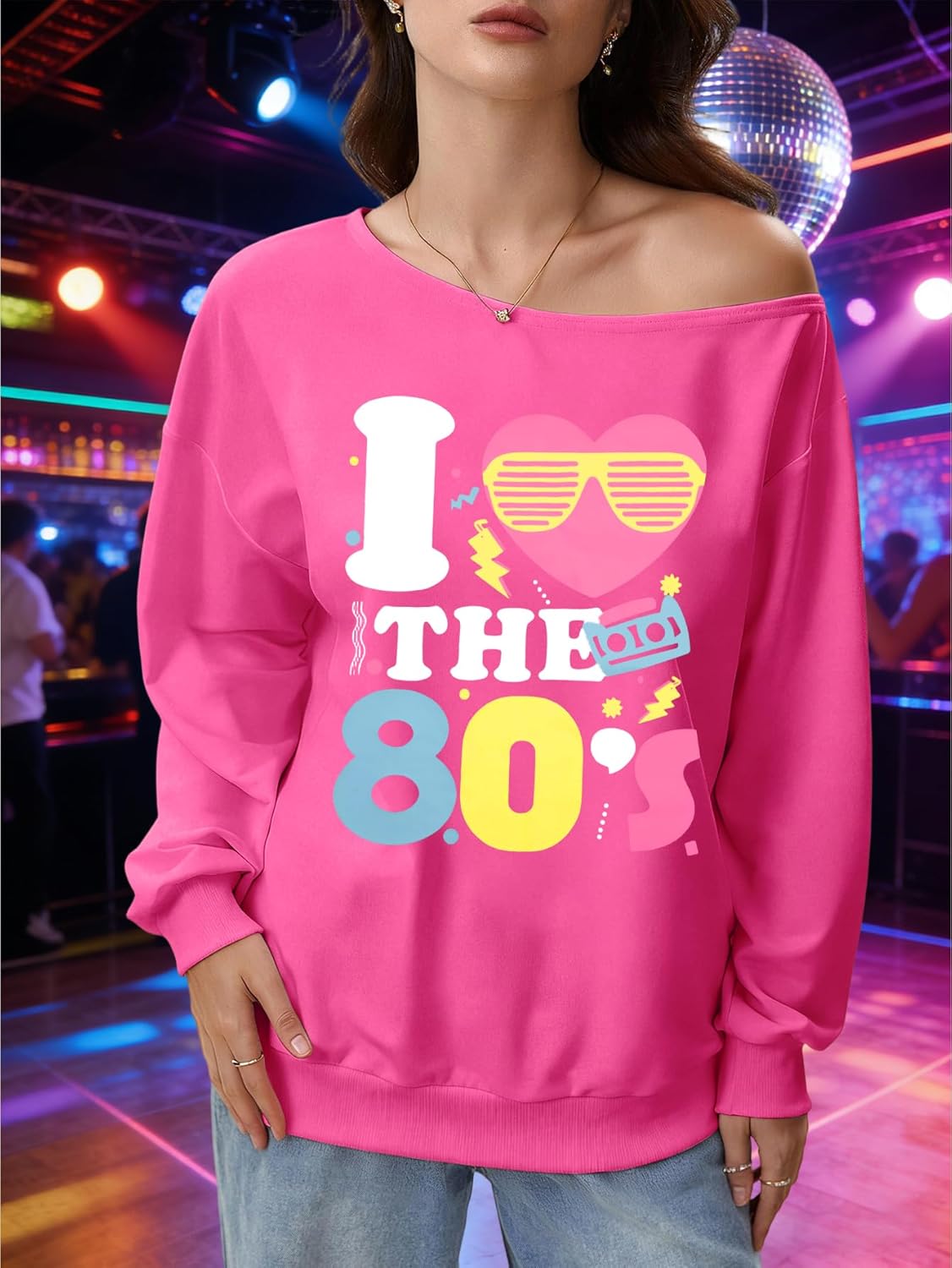 Women 80s Shirts 1980S Womens Disco Themed Graphic Outfits 80's Off The Shoulder Party Tops Oversized Long Sleeve Tee - Image 5