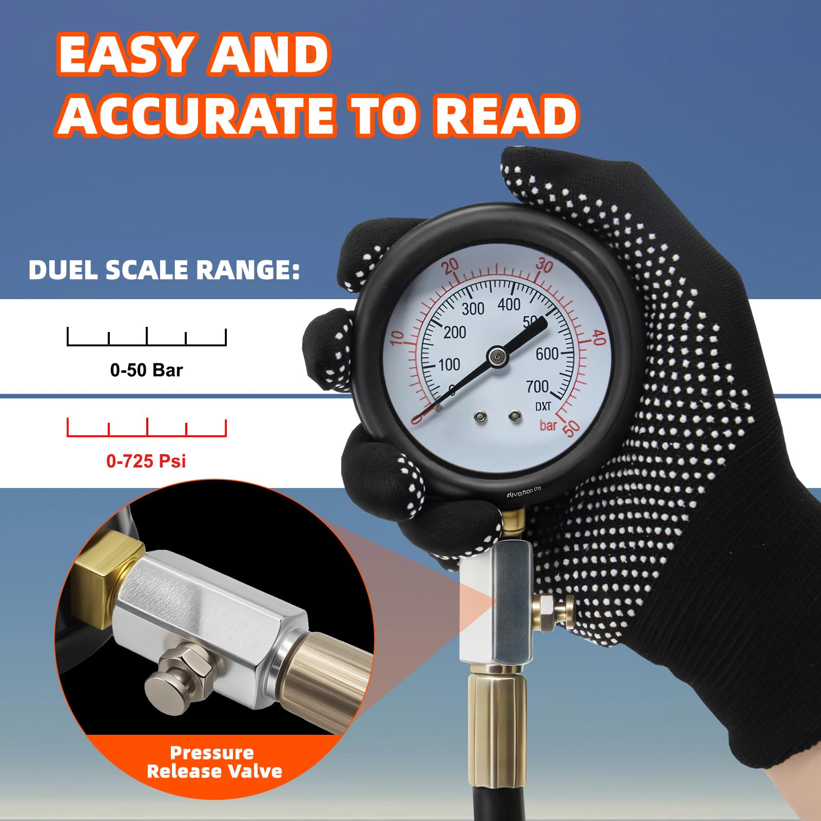 Probador de compresión - Gasolina y Diesel Probador de compresión del motor, 46 piezas Comprehensive Compression and Leak Test Kit with Dual Gauge Engine for HDi, TDCi, Pumpe Duse Engine