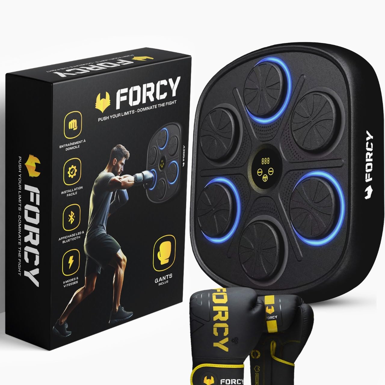 FORCY Machine de Boxe Musicale, Super Mural Professionnel LED Bluetooth Intelligente Boîte à Musique Électronique avec Gants Appareil d'entraînement pour Enfant et Adulte pour la Maison et la Gym