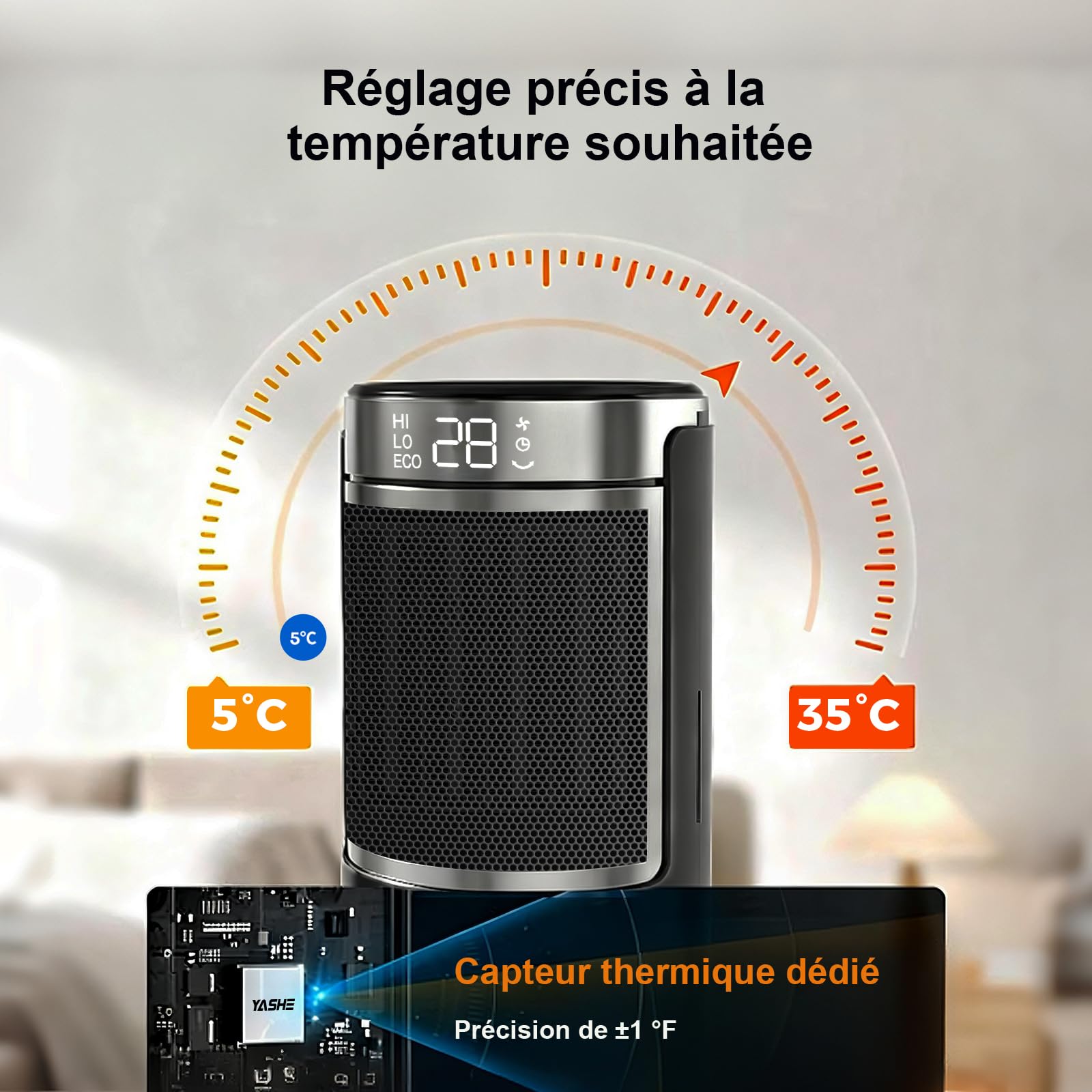 YASHE Chauffage d'Appoint électrique, Céramique PTC 1500W Radiateur Soufflant, Télécommande, Protection Anti-Basculement et Anti Surchauffe, Mode ECO, Minuterie 1-24 h, Sécurité Enfant