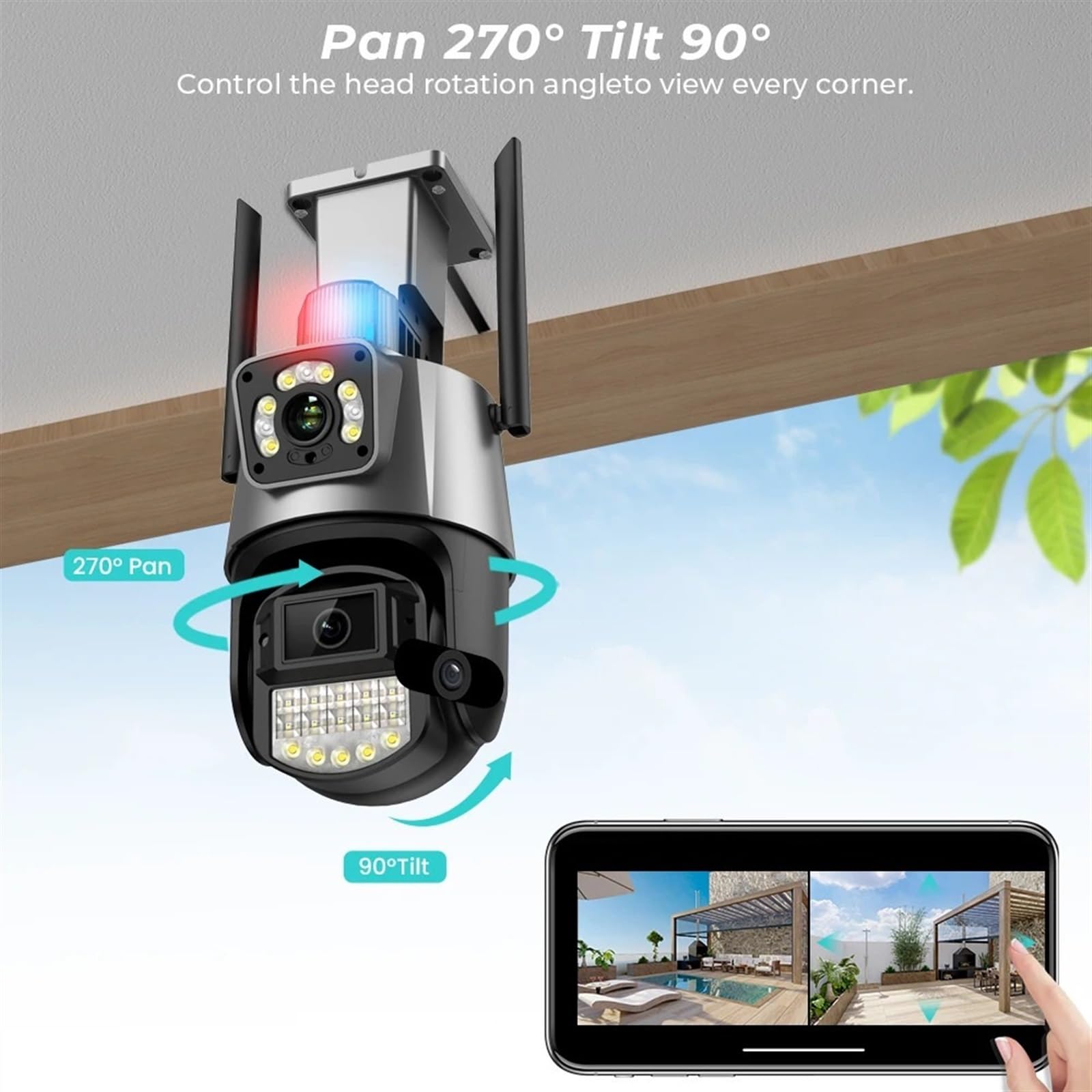 Kamera bezpieczeństwa zewnętrzna, 4K 8MP HD kamera PTZ podwójny obiektyw podwójny ekran kamera zewnętrzna AI automatyczne śledzenie 4MP nadzór wideo światło policyjne Alarm Kamera bezpieczeństwa domow