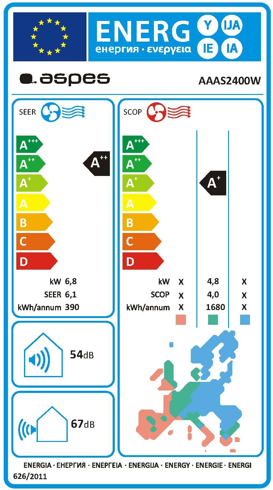 Aspes Aire Acondicionado Split, 24000 BTU AAAS2400W. Bomba de Calor, Temporizador, Clasificación Energética A++
