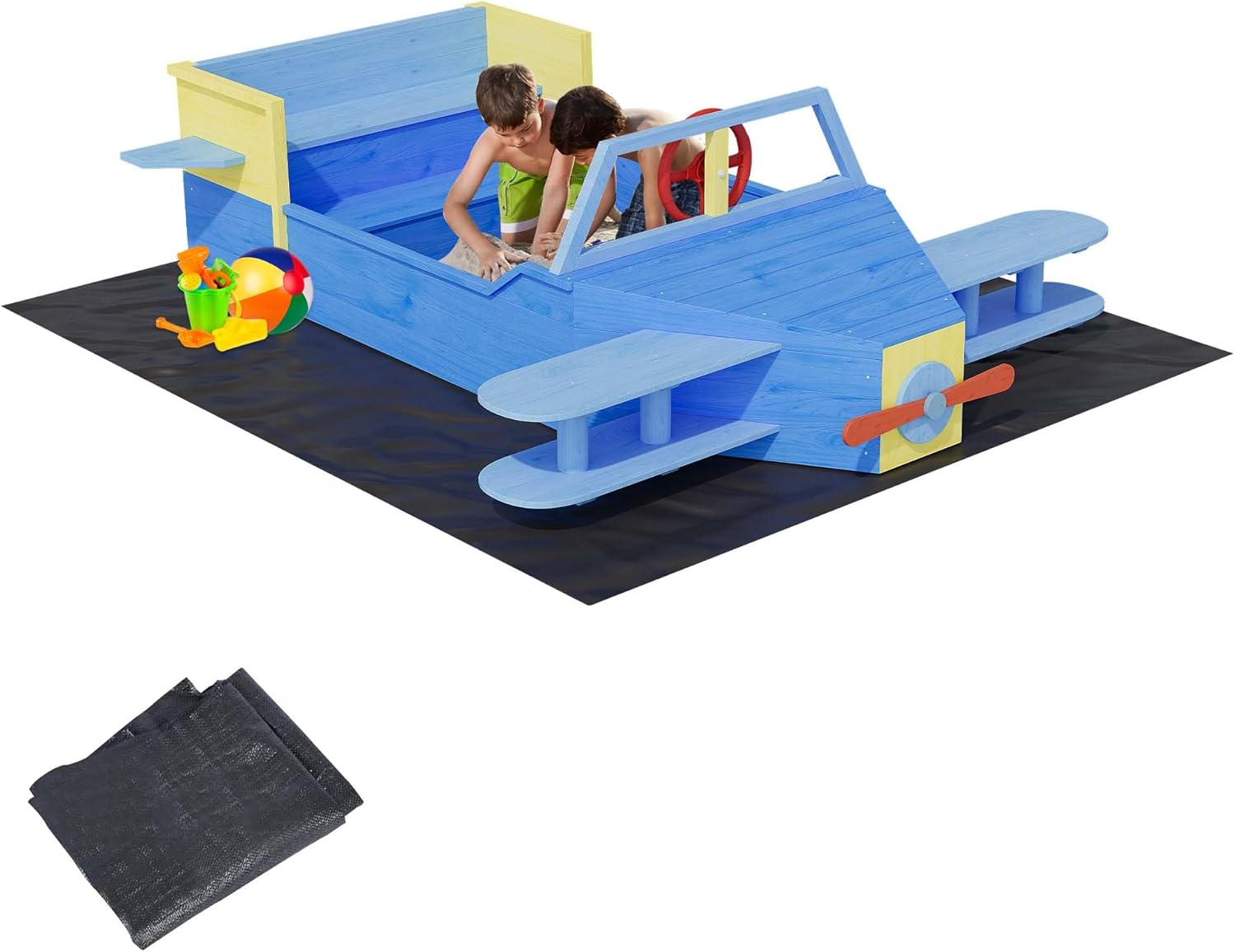 Wooden Airplane Sandbox with Padding ＆ 2 Tiers of Benches, Kids Outdoor Sandpit with Propeller/Wings/Rudder,Suitable for Ages 3-8, Beach/Patio/Backyard