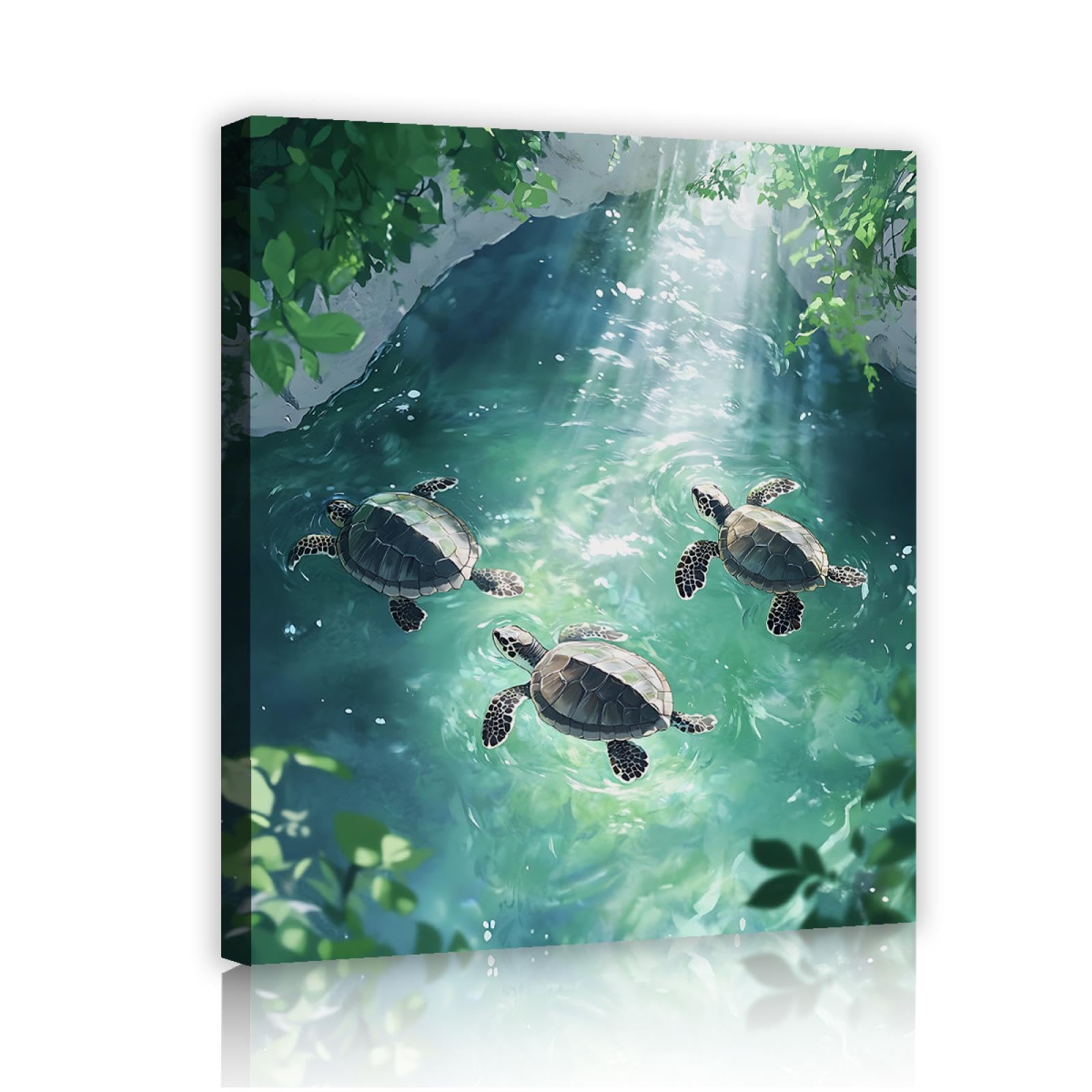 OSHIONARTE Tartaruga Wall Art Funny Animals Canvas Wall Art per soggiorno moderno Stagno Canvas Art Prints Agriturismo Home Decor pronto per appendere 45x60cm Innerframe