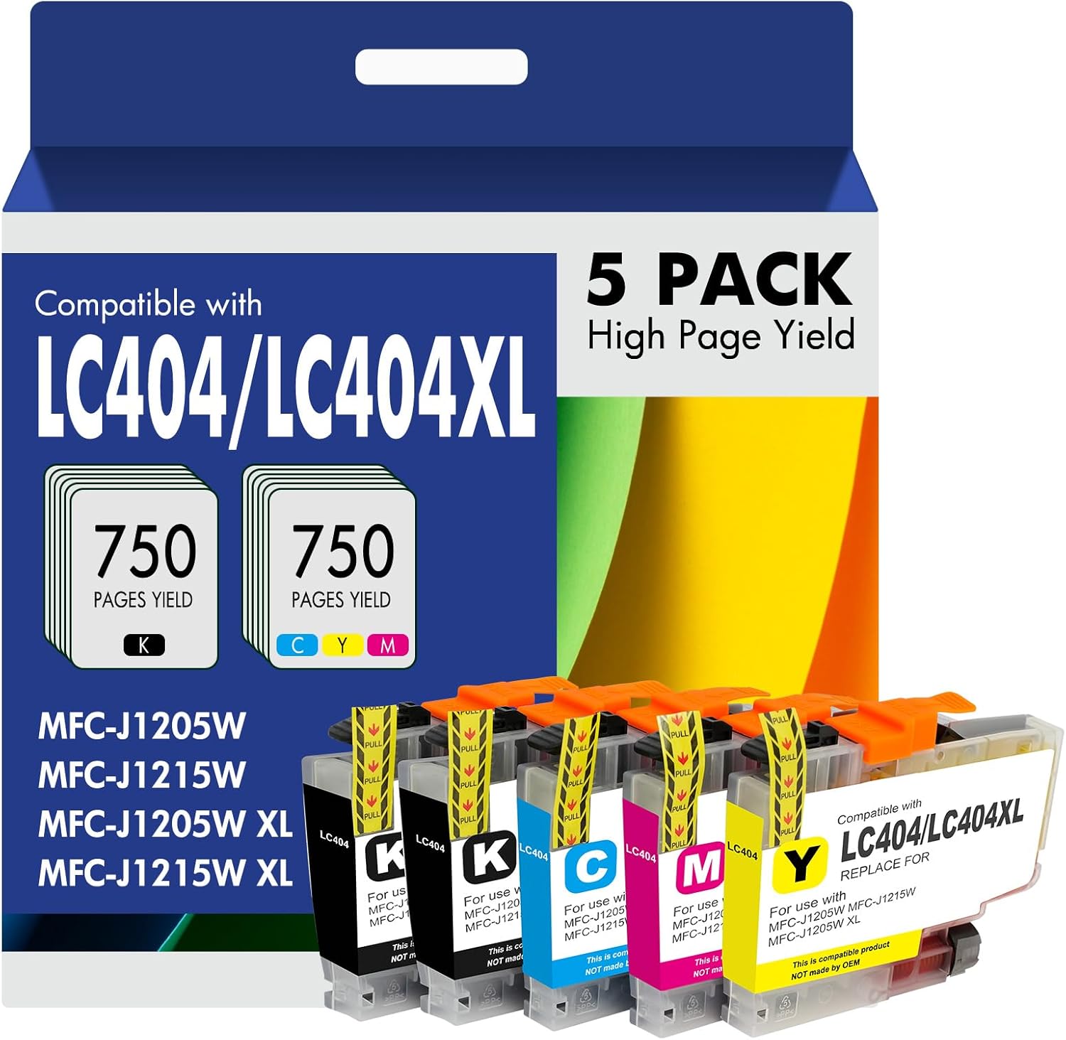 LC404 MFC-J1205W Ink Cartridges High Yields Compatible for Brother Printer LC404XL LC 404 XL Ink for MFC-J1205W MFC-J1215W MFC J1205W J1215W Printer (5 Pack, 2 × Black Cyan Magenta Yellow)