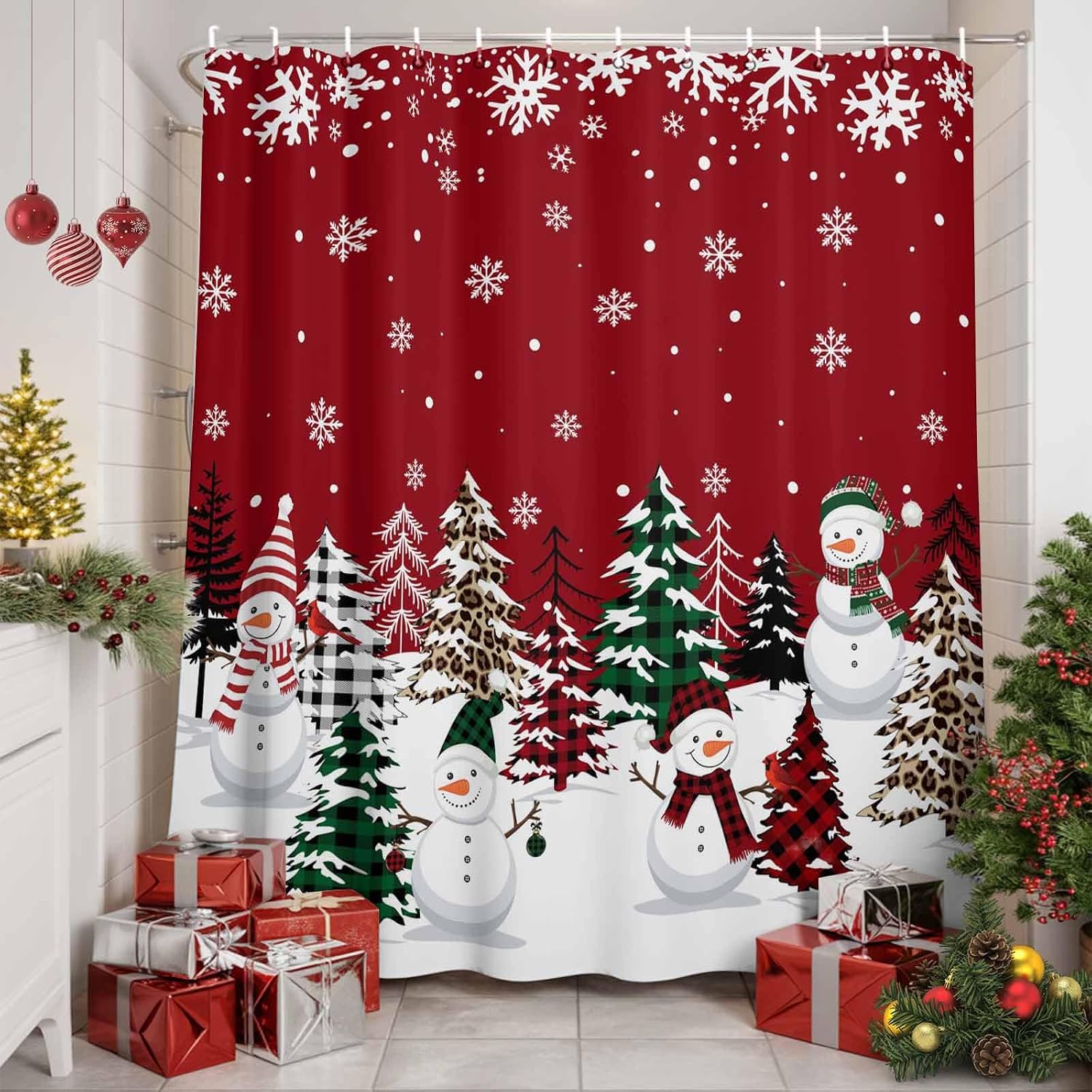 Red Christmas Snowman Shower Curtain Set - Standard 72" x 72" Xmas Tree Washable Bathtub Curtain, Winter Snowflake Waterproof Fabric Stall Shower Curtains for Bathroom/Bathtub Décor