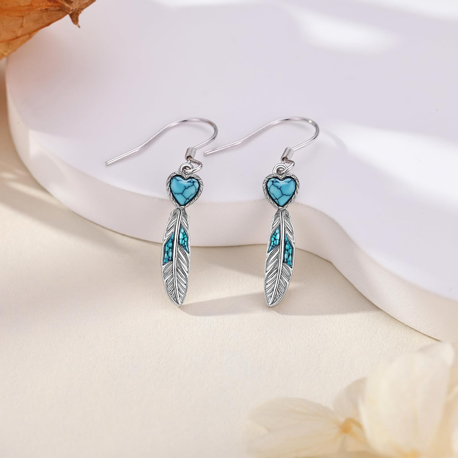 Feather Earrings 925 Sterling Silver Feather Earrings for Women Dangling Turquoise Jewelry for Women
