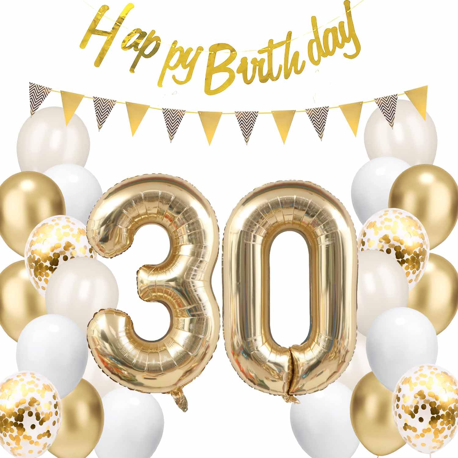 Gold 30. Geburtstagsdeko, Sandweiß Gold Luftballons mit Banner Flaggen Zahl 30 Folienballon Happy Birthday Garland Konfetti Ballon für Männer und Frauen