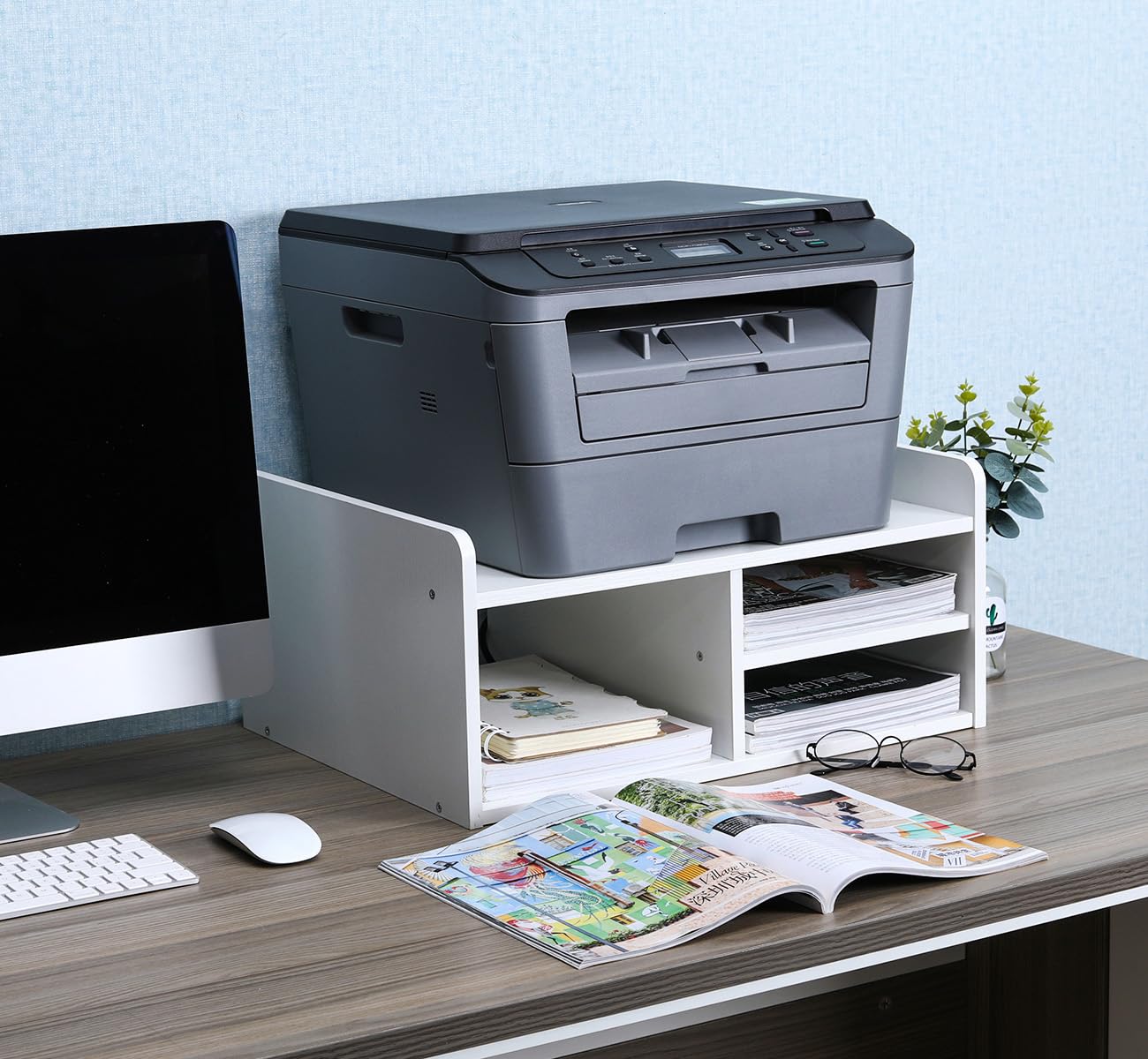 EasyPAG 3 Compartiments Bois Support Imprimante pour Bureau Étagère pour Télécopieur Range Papier A4,Blanc