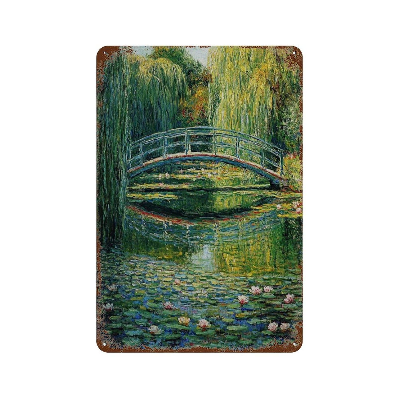 xiaoxiaoshen Japanese Bridge Impressionist Painting Monet Garden Water Lily Serene Landscape Wall Decor Art Metal Tin Poster Modern Home Decor Art Home Bar Shop Decorations Vintage Sign 30x20cm