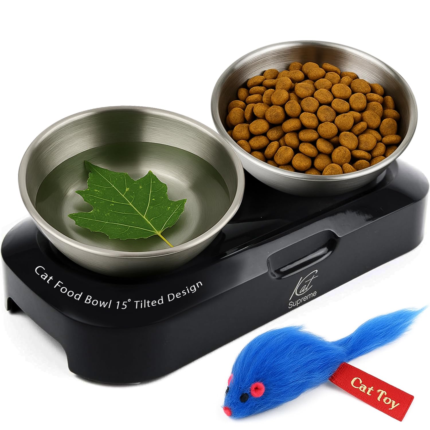 Cat Food Bowl - KATSUPREME Cat Bowls for Indoor Cats | Set of 2 Stainless Steel Bowl, Tilted Bowls Elevated Anti Vomiting, Non-Slip Base, Ant Proof Food & Water.