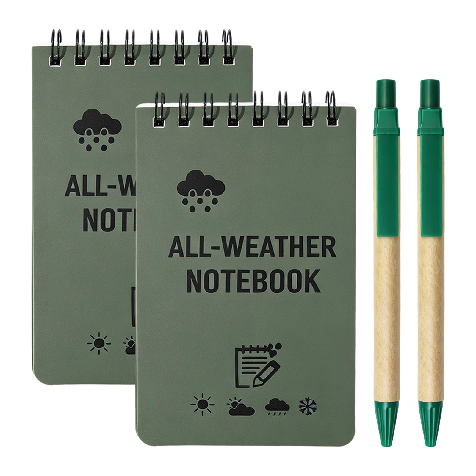 HongNuoEn 2 Pack Waterproof Notebook with Top-Spiral, Green Pocket Waterproof Notepad, All-Weather Mini Notebook with 2 Kraft Paper Pens for Office, Outdoors, School