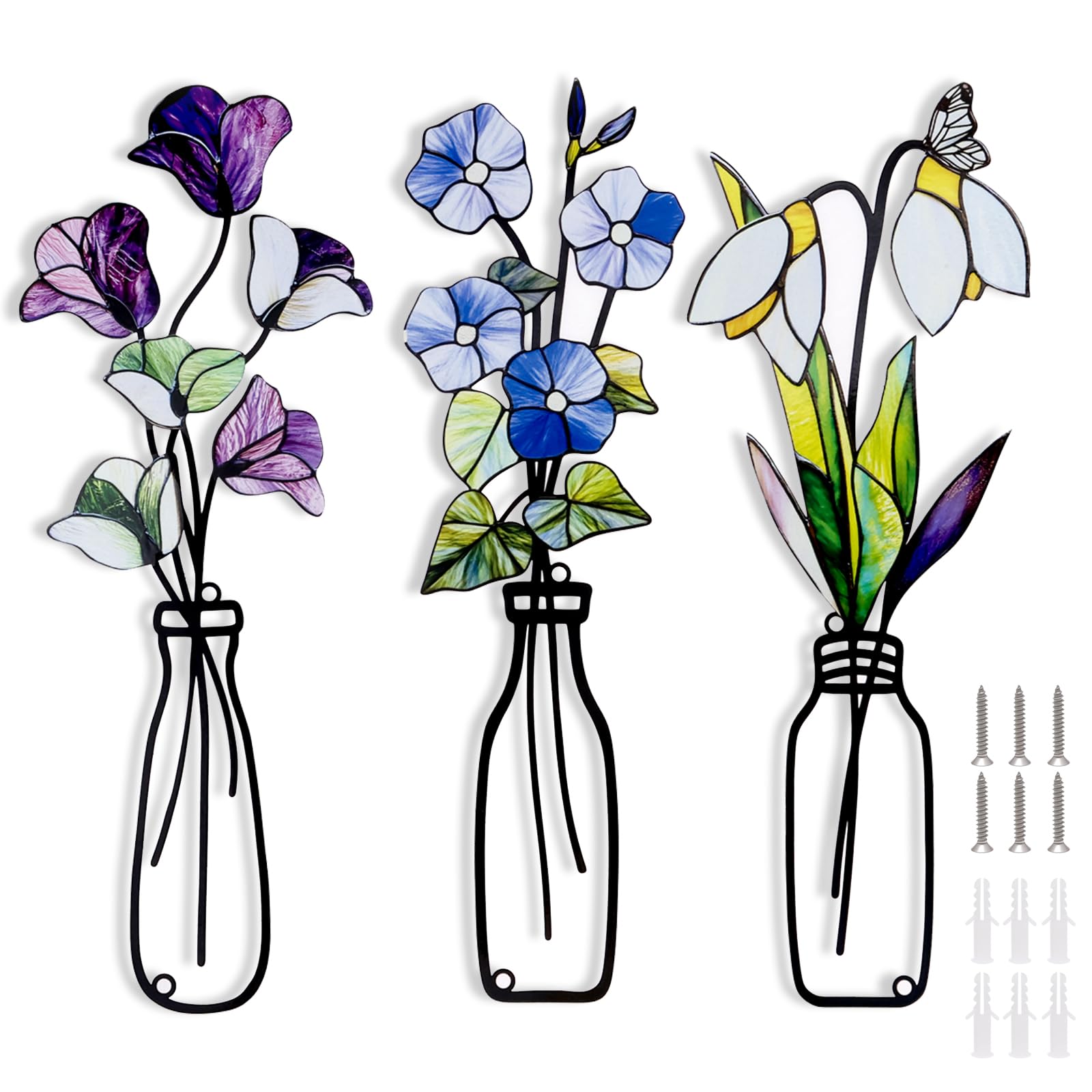NZWBSHSSP 3 Pieces Metal Flowers Wall Art Colourful Minimalist Line Artwork Rustic Farmhouse Wall Decor for Living Room Bedroom Bathroom Dining Room Housewarming Gifts Home Decorations(Style A)