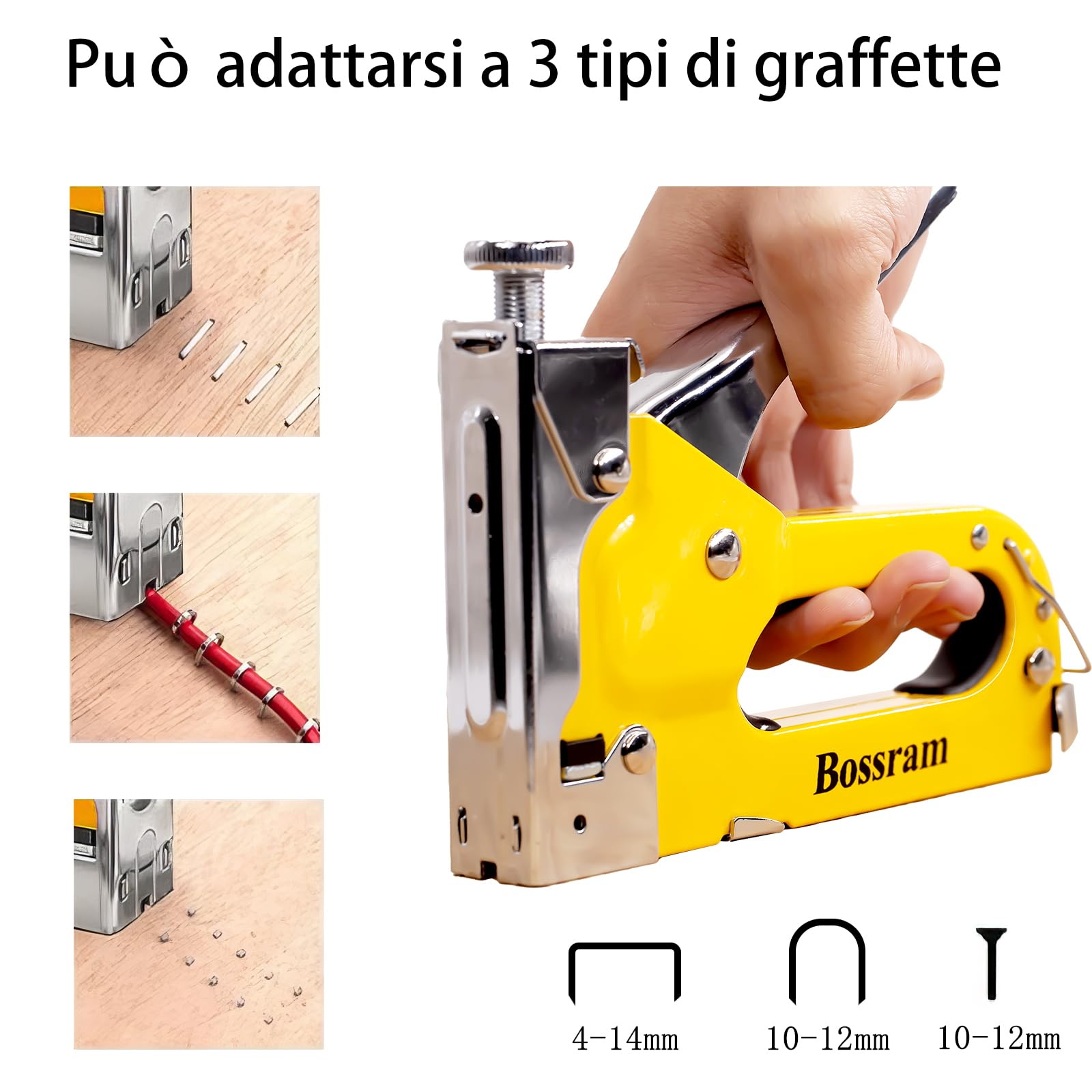 Tutee 3 In 1 Hand Staple Set Graffettatrice Per Legno，Scatola 300 Chiodi，Adatto Per Decorazioni Di Interni, Decorazioni Per La Casa, Materiali Di Fissaggio, Spillatrice Per Legno (Giallo)