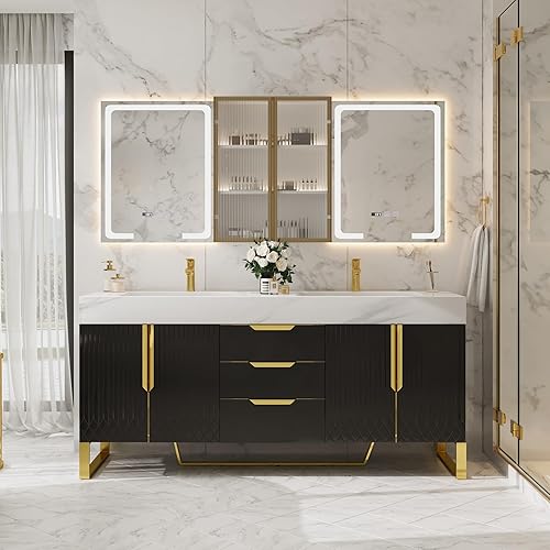 homary 60 inch Freestanding Bathroom Vanity with Double Sink, Modern White Sintered Stone Countertop, Ample Storage Cabinet for Shared Bathroom, Black