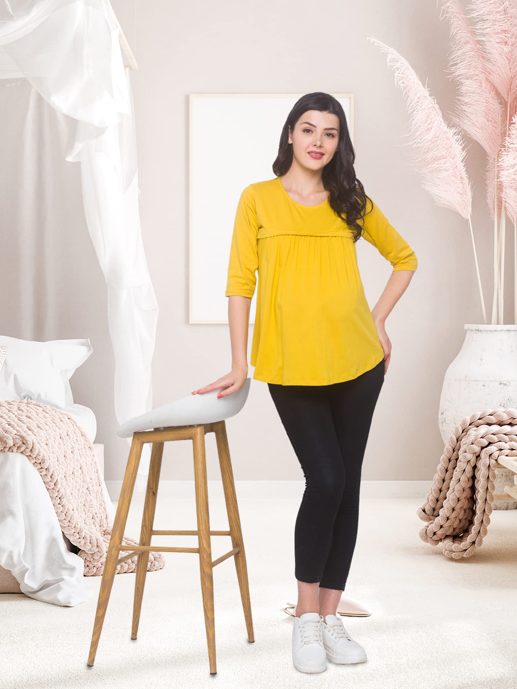 AV2 Women's Cotton Nightwear Maternity Feeding Nursing Tunic Top (Yellow,3XL) - Image 6 thumbnail