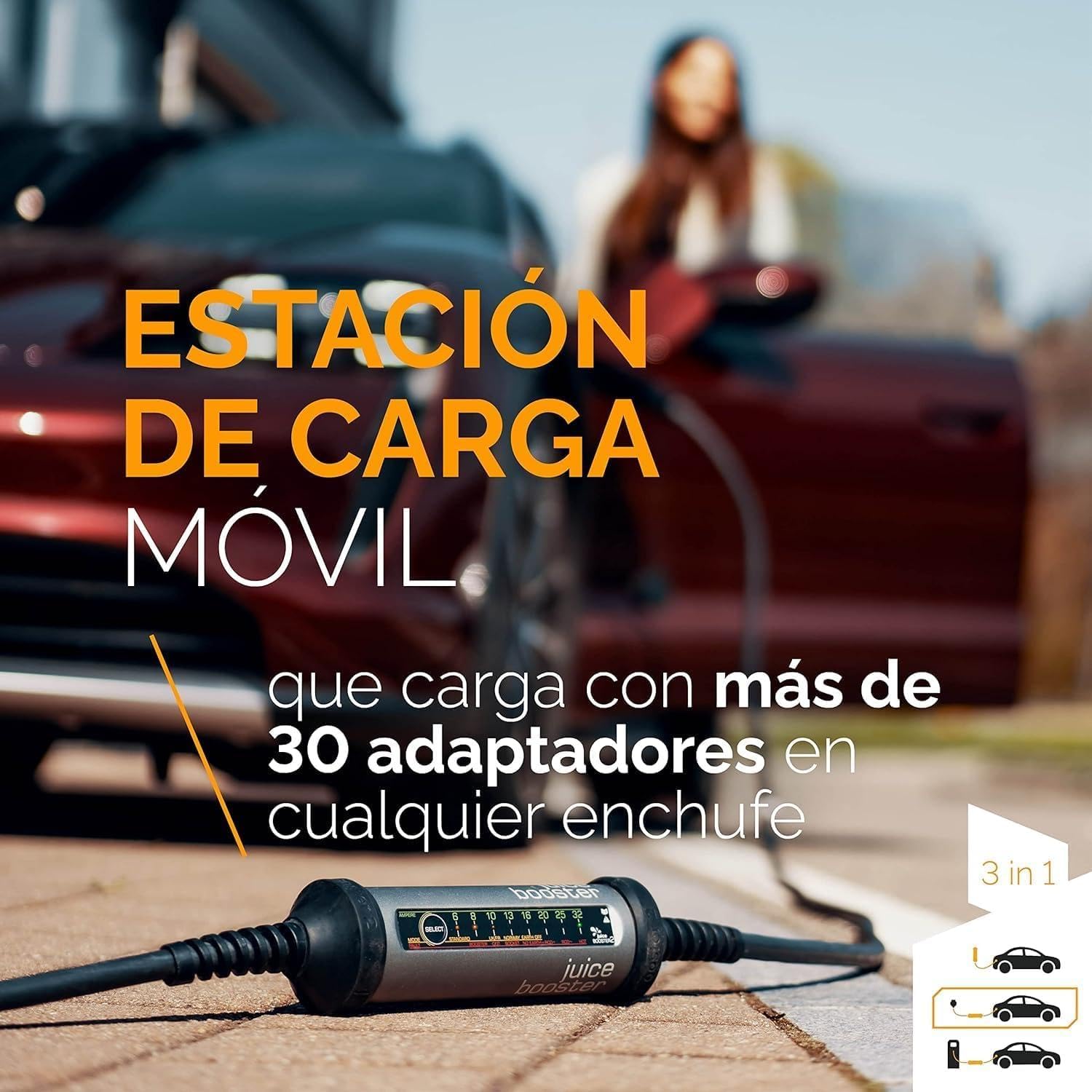 Juice Booster 2 Basic Set, Mobile Wallbox 22kW Sin Instalación, Cargador Coche Electrico con Cable Tipo 2, Ligero e Impermeable IP67, Incluye Adaptador CEE32 Rojo 3 Fases + EU Schuko
