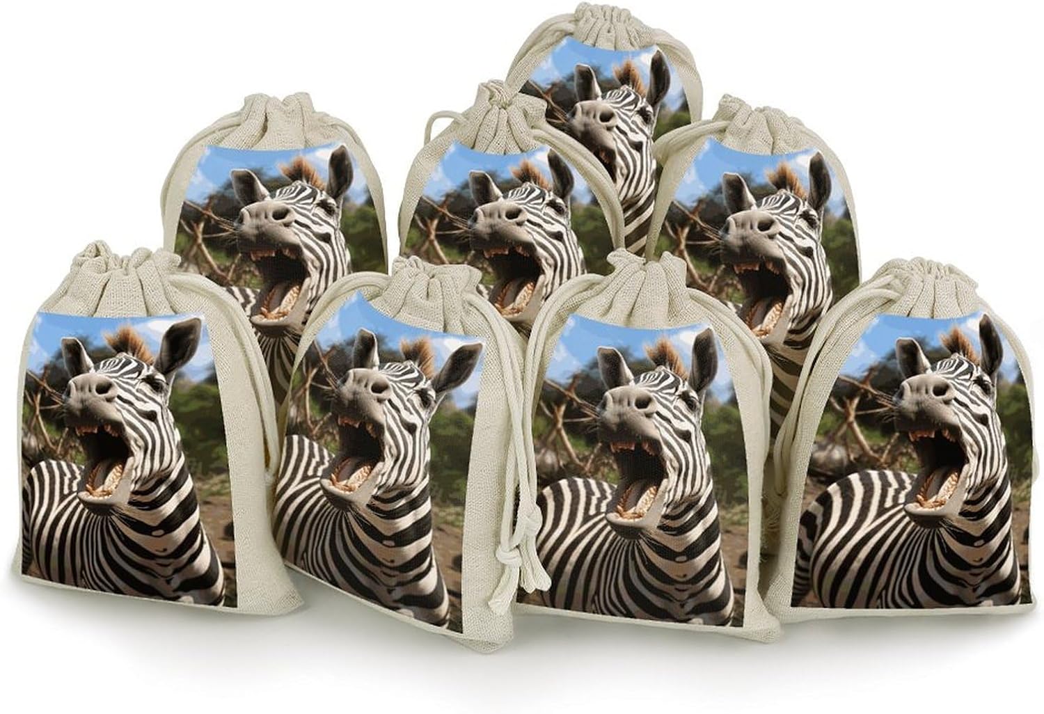 FekiLoot Funny Zebra Cotton Linen Drawstring Bags Pack of 8
