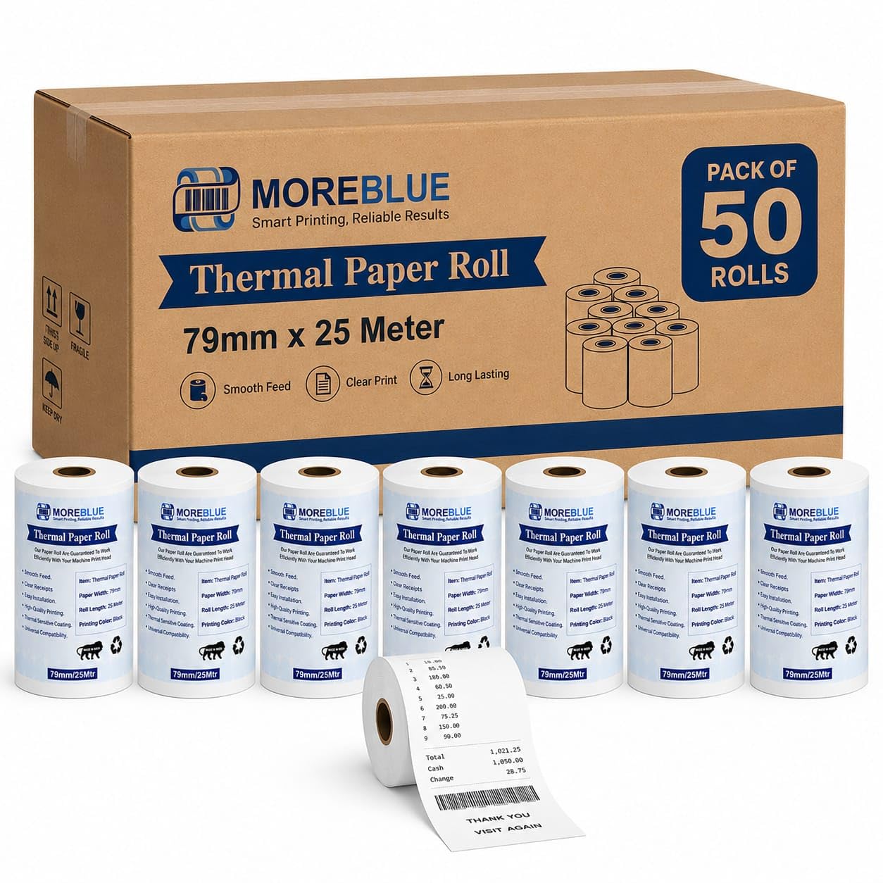 MOREBLUE® 3 Inch Thermal Paper Rolls (79mm x 25m, 55 GSM) | Ink-Free BPA-Free Receipt Paper for POS Machine, Billing Machine & Thermal Printers Pack 50