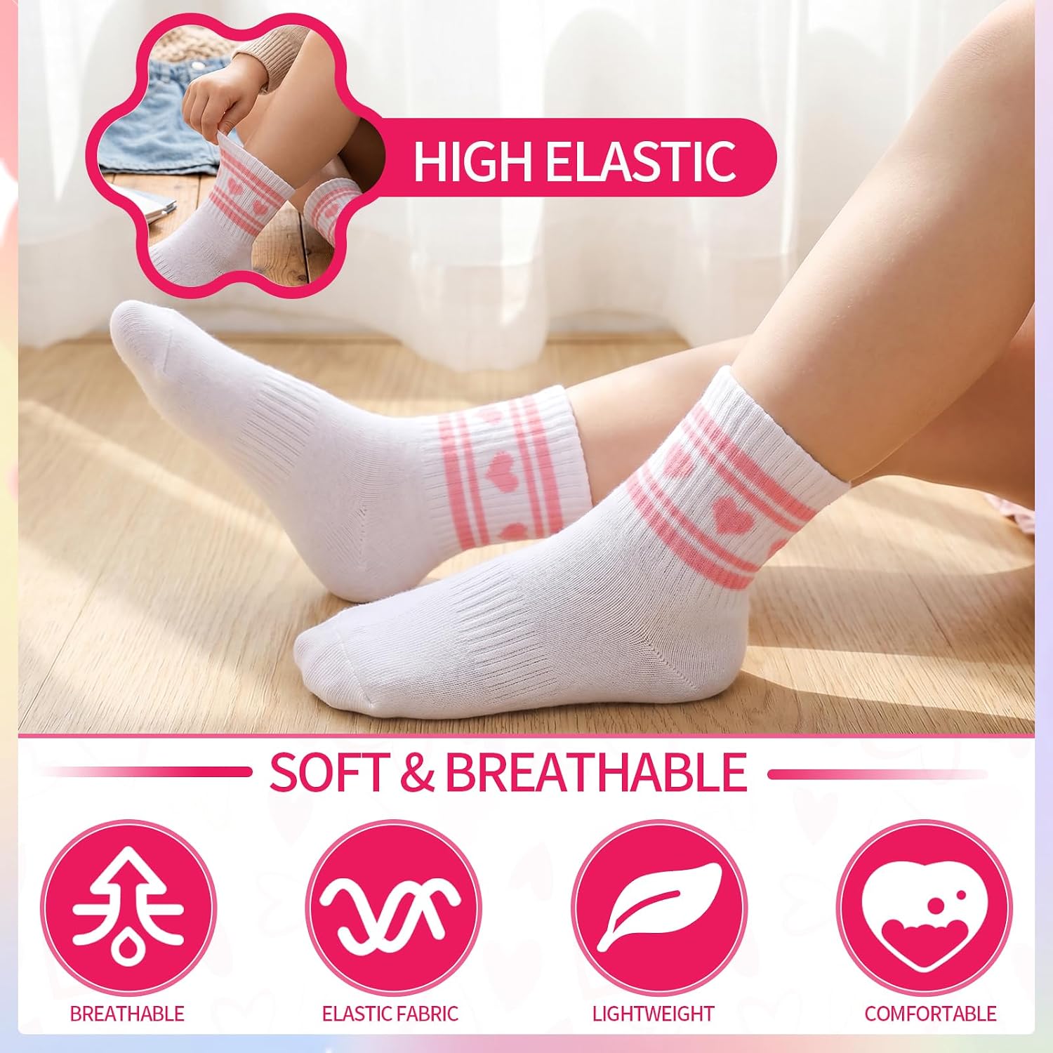 9 Pcs Girls Athletic Socks Kids Crew Socks with Hearts Striped Cotton Soft Breathable Basketball Running Outdoor