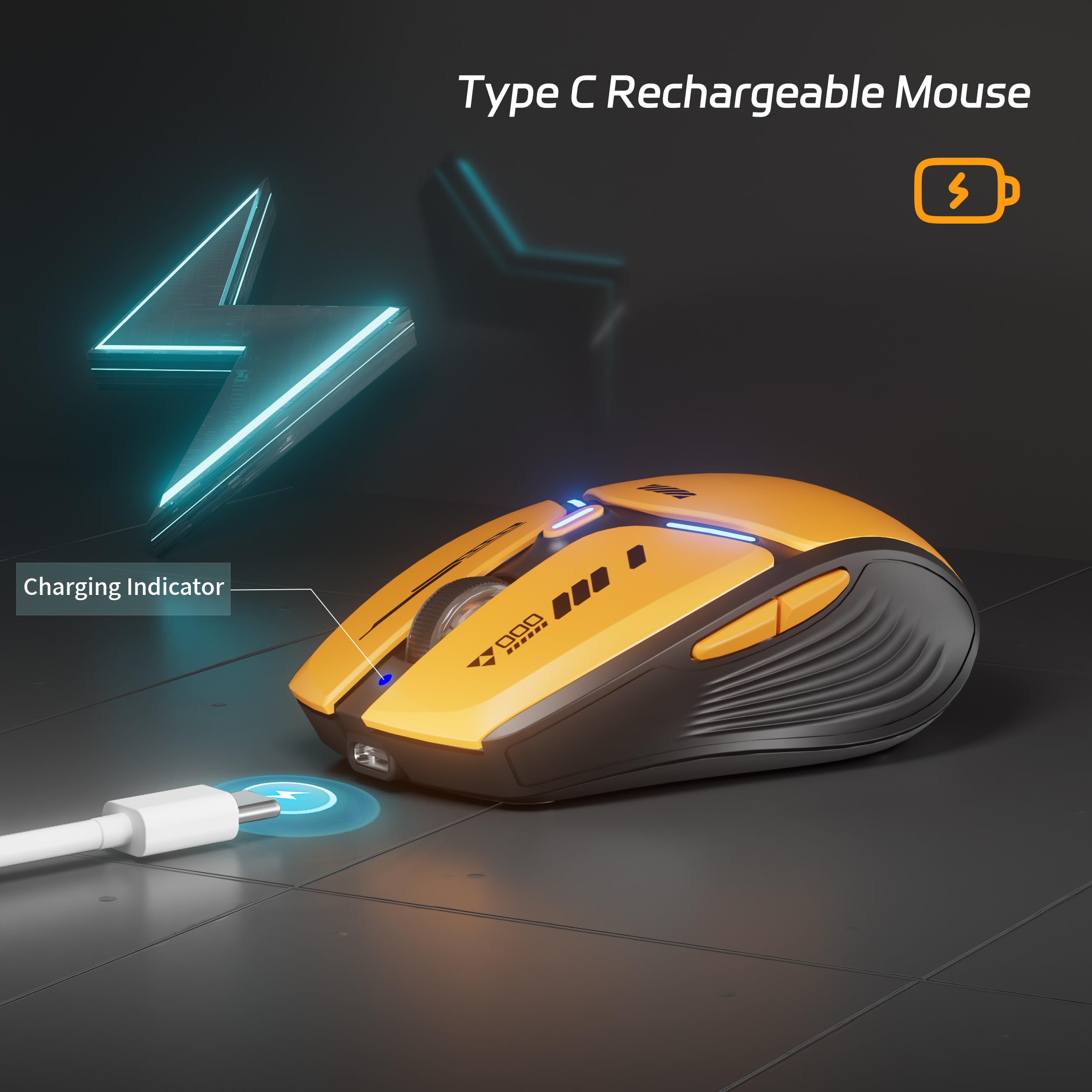 V19 Mouse inalámbrico, 2.4 GHz recargable LED con indicador de batería, ratones magnéticos para computadora con receptor USB y adaptador tipo C para portátil/PC/Mac/Chromebook, naranja 5