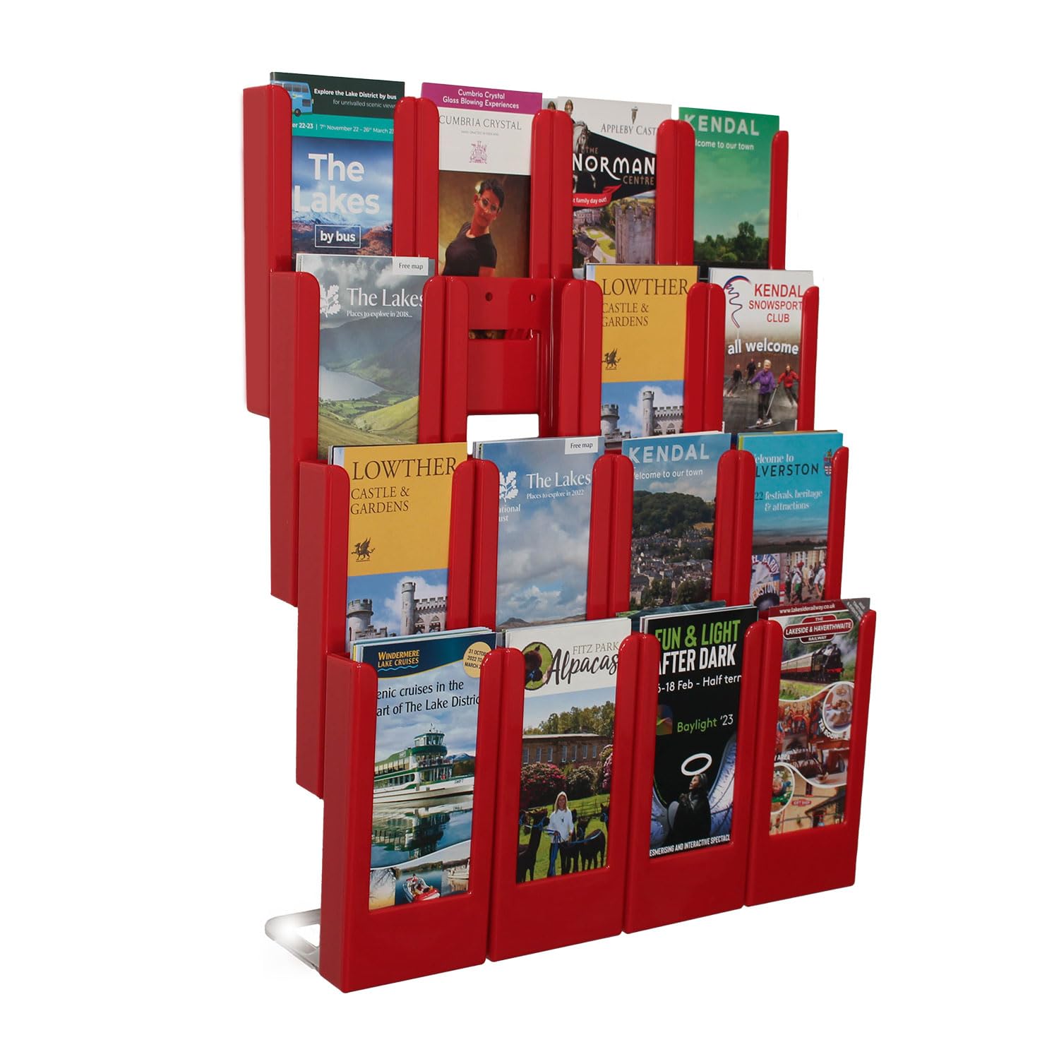Wonderwall Leaflet Holder | Wall Mounted Leaflet Display & Dispenser | Expanda-Stand System | 4 Columns | Holds up to 28 mm Brochures | Red | 16 x 1/3 A4 PVC Coloured Pockets
