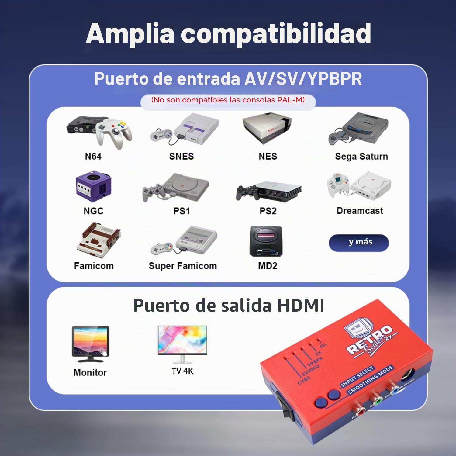 RetroScaler2x Convertidor AV/SV/YPBPR a HDMI™ - Soporta modos de duplicador de línea, filtro y paso, adaptador de videojuegos sin retraso, para PS2/N64/Dreamcast/Saturn/MD/NGC/SFC y más (rojo)
