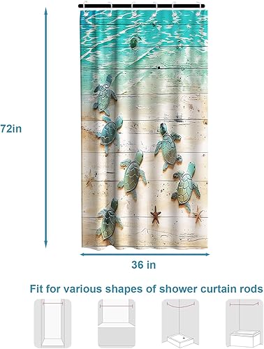 Vista 53 de Cortina de ducha de tortugas marinas, temática náutica de playa, verde y verde azulado, sin ganchos, punto gofre y forro desmontable, decoración