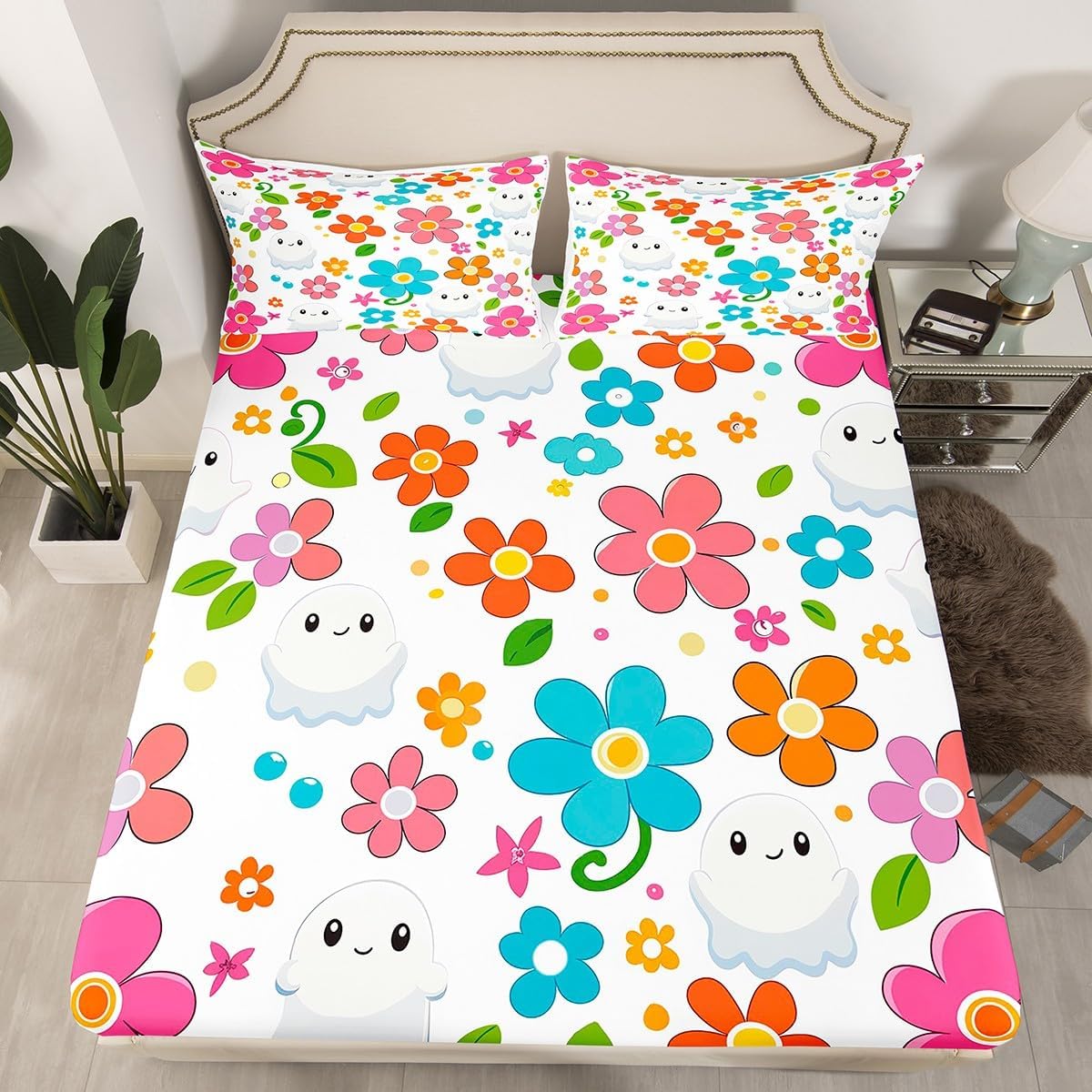 Erosebridal 3 Pieces Halloween Fitted Sheet Full Size, Cute Ghosts of Halloween Bedding Sets, Lightweight Soft Black Bed Sheets, Rustic Flowers Sheets, 1 Fitted Sheet 2 Pillow Cases
