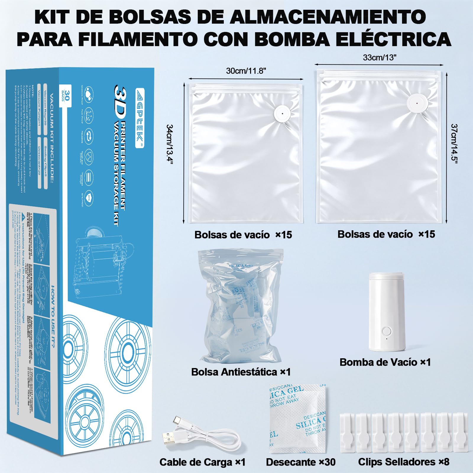 AGPTEK Kit 30 Bolsas Vacío para Filamento 3D, Bomba Eléctrica 60kPa