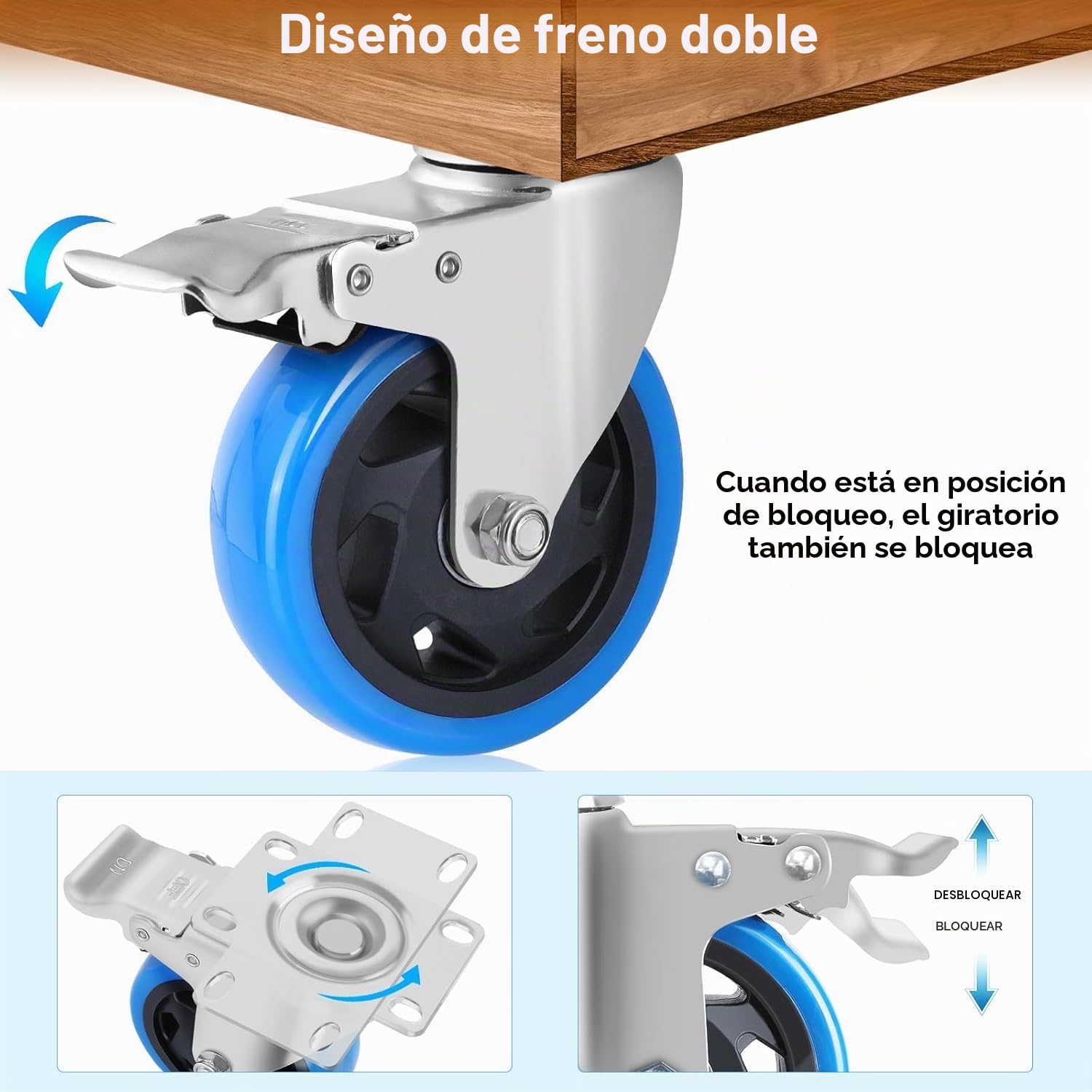 Set de 8 Ruedas Giratorias con Freno – Ruedas para Cargas Pesadas, Capacidad 1200 kg, Silenciosas y Sin Rayar, Ideales para Muebles, Mesas de Trabajo y Talleres (Azul, 100 mm)