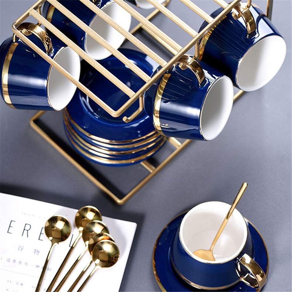 IXOAKQ Afternoon Tea Sets, 13 Pieces Gold Trim Nordic Style for Party and Dinner Glazed Porcelain Coffee and Tea Service with 6 Piece Cups and Bracket (Blue)