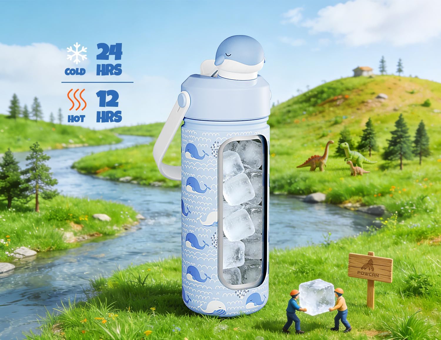 POWCAN 18 oz Kids Water Bottle for School: 2-in-1 Straw Spout Lid with Soft Animal Head, Leakproof, Backpack Friendly, Keep Cold 24H, Insulated cup for Sports, Playground, Holiday Gift (Whale Splash) image 2