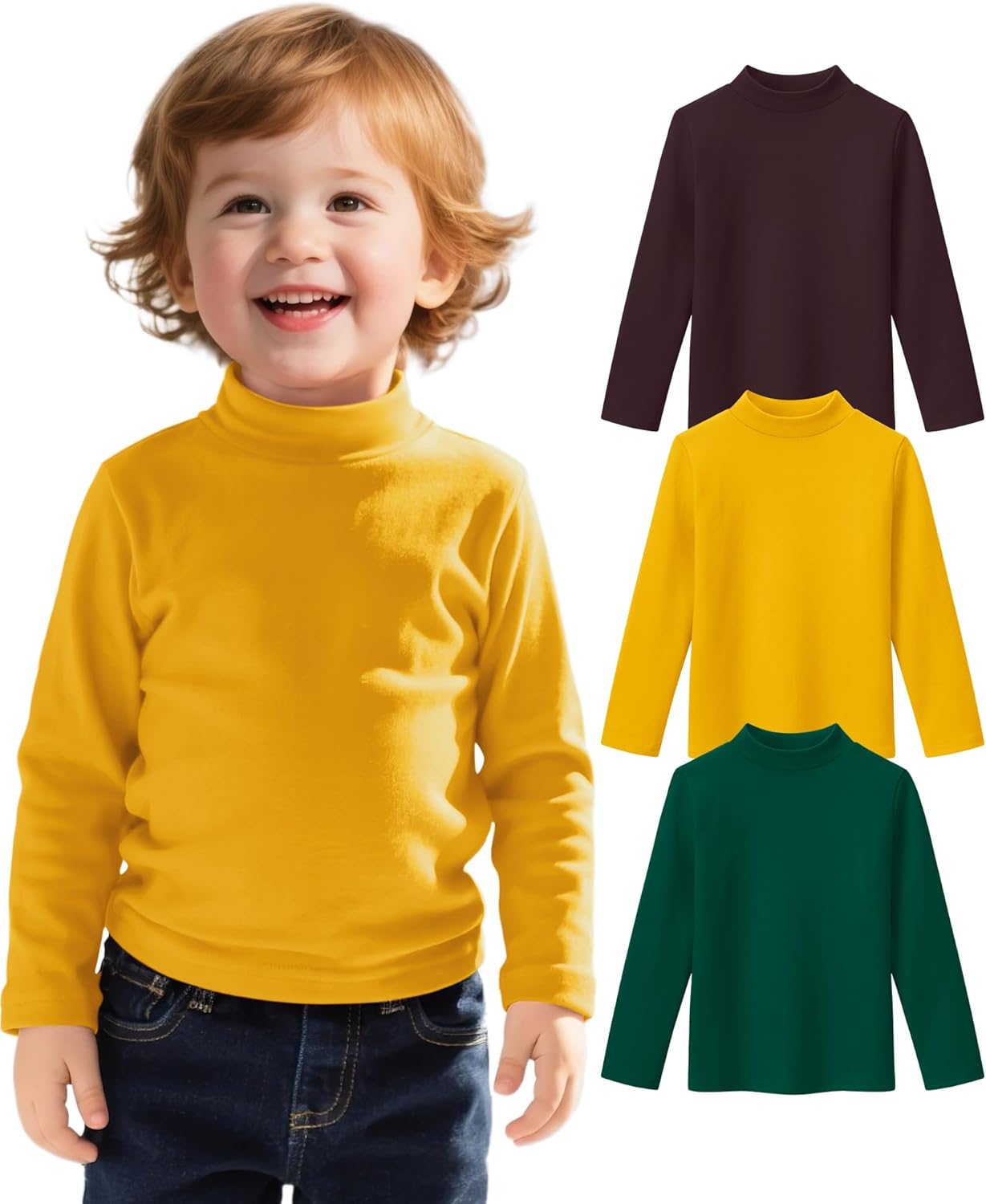 Witwot 3 Pack Toddler Boy Turtleneck Shirts Baby Boys Long Sleeve T-Shirt Soft Cotton Thermal Undershirt Size 18M-5T