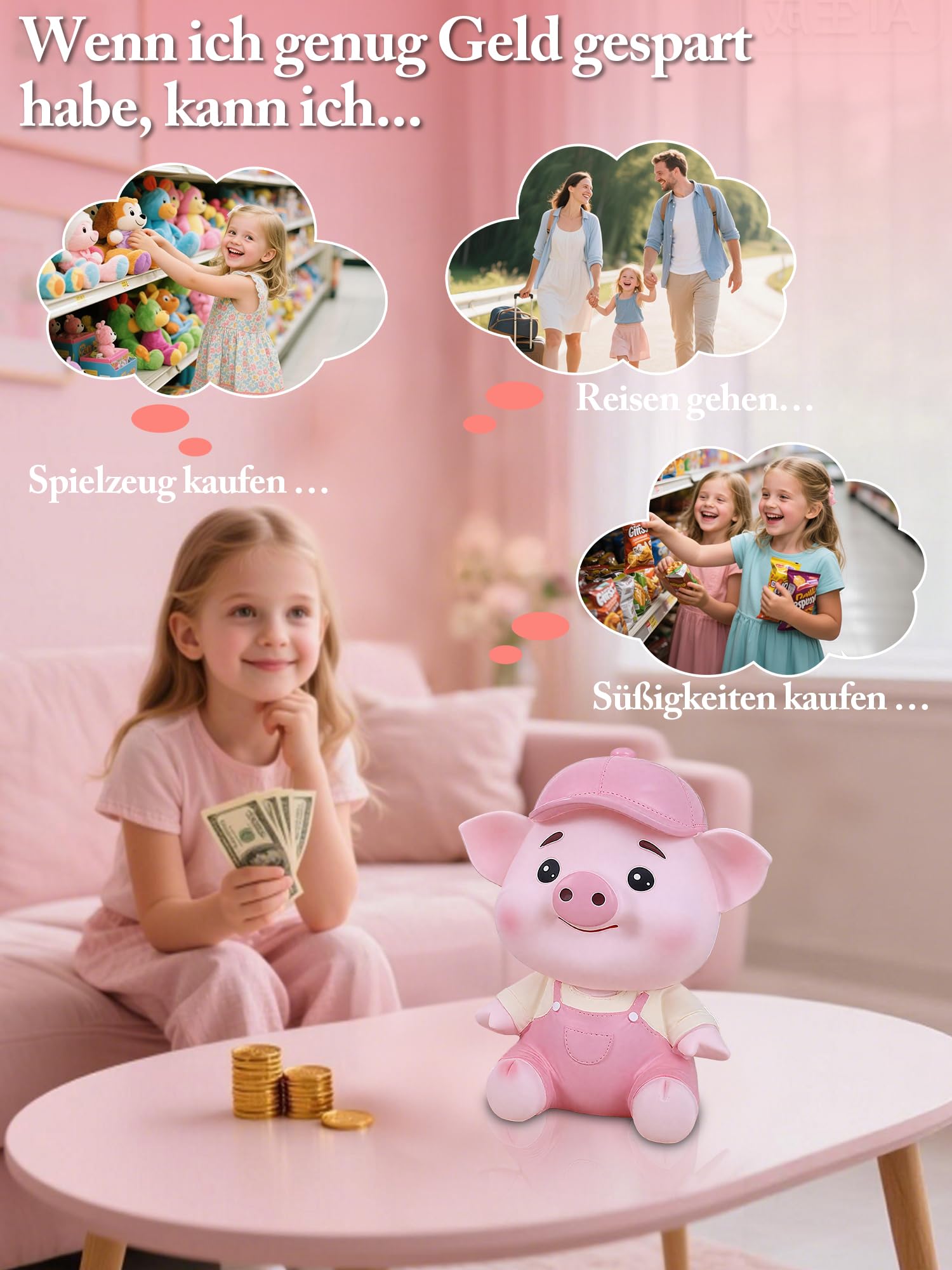 Spardose Kinder,Kawaii Kunststoff Sparschwein,Sparschwein Groß XXL mit openin für Banknote Münze Einsparungen,sparschwein Kinder Geschenk,Geburtstag Geschenke für Mädchen Jungen Erwachsene (rosa)