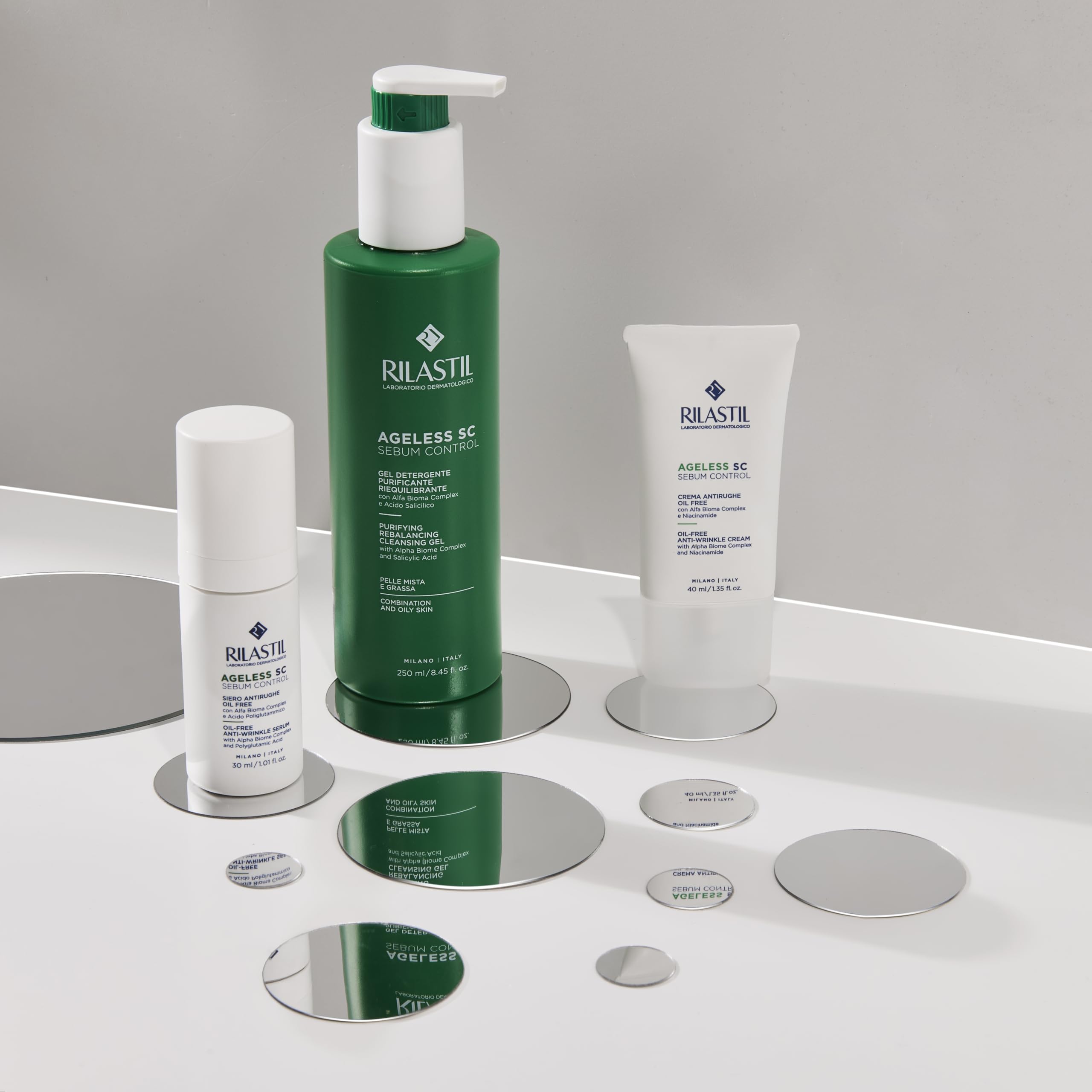 Rilastil Ageless SC Sebum Control, Gel detergente purificante e riequilibrante viso con Alfa Bioma Complex e Acido Salicilico ad azione sebonormalizzante, 250 ml