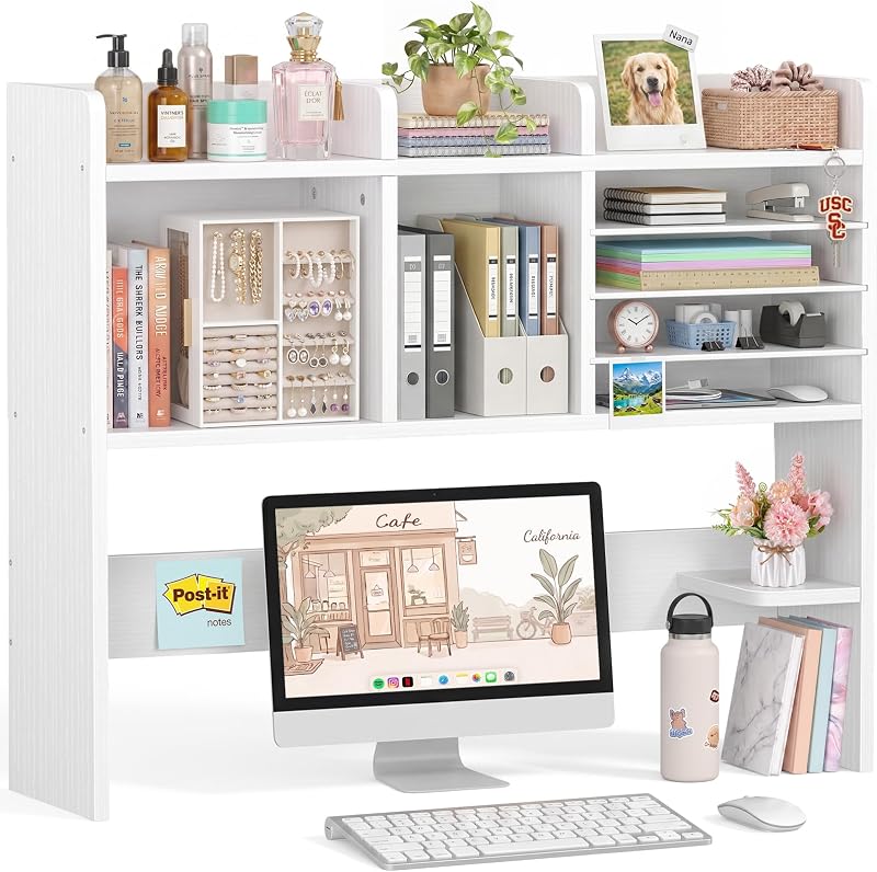 NUTIKAS Desktop Bookshelf for Computer Desk - 36" Desk Hutch Organizer with 4-Tier Paper Tray, Tabletop Storage Rack for College Dorm Room Essentials, Home Office Shelving, White