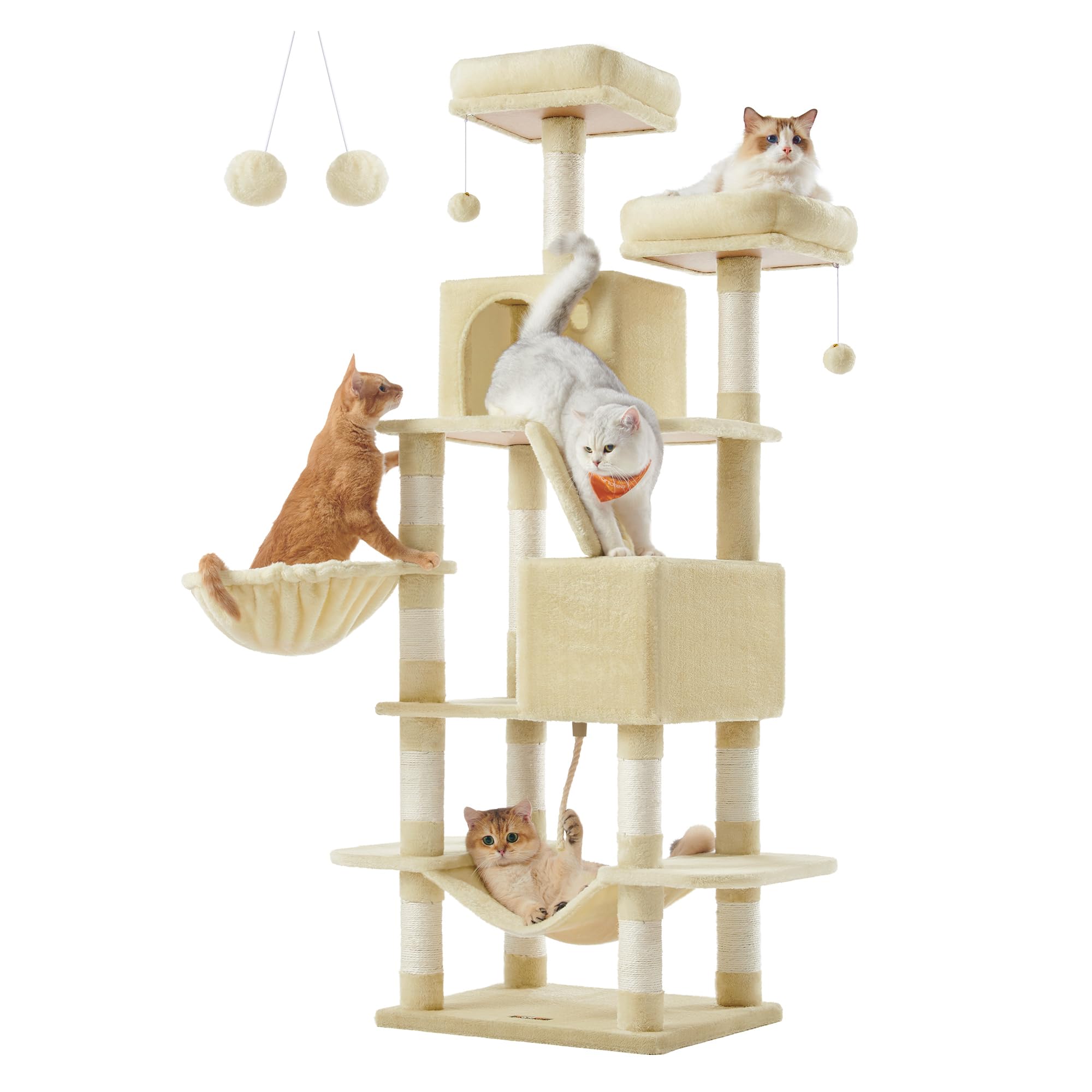 Feandrea Cat Tree, 168 cm Large Cat Tower with 13 Scratching Posts, 1 Scratching Ramp, 2 Perches, 2 Caves, Basket, Hammock, Pompoms, Multi-Level Plush Cat Condo for Indoor Cats, Beige PCT165M01Feandrea Cat Tree, 168 cm Large Cat Tower with 13…