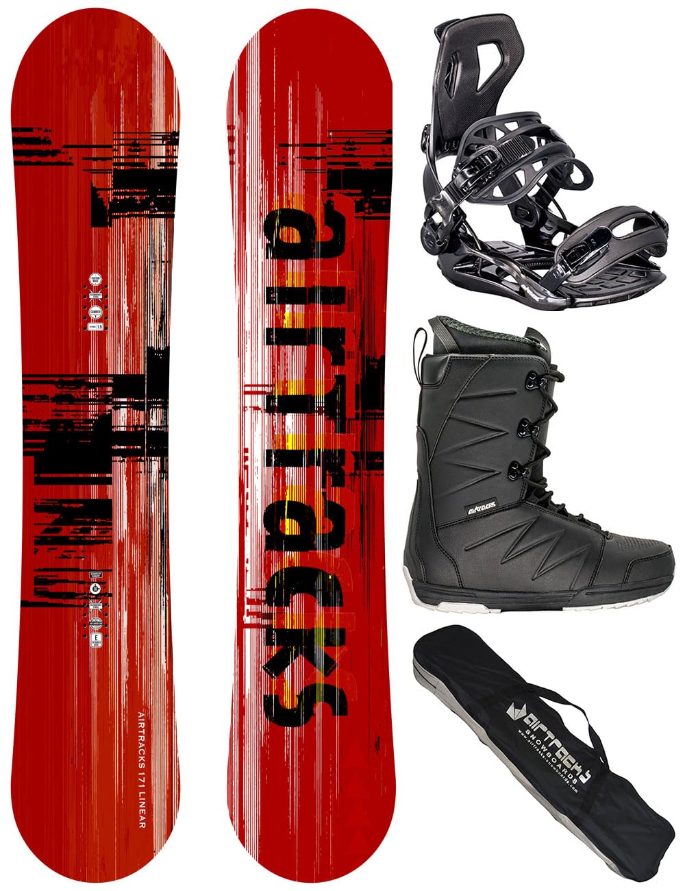 AIRTRACKS Snowboard Set Board Linear Camber Extra Wide + Snowboard Bindung Master + Snowboardboots + Sb Bag / 155 159 165 168 171 cm