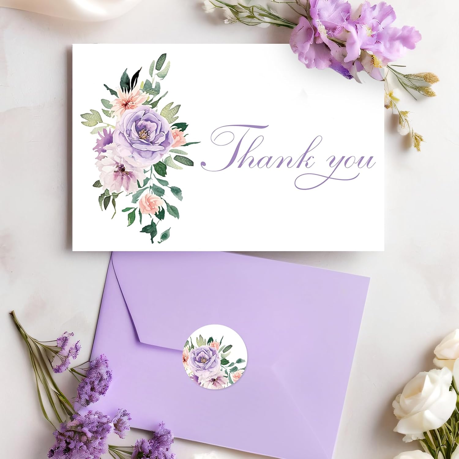 JarThenaAMCS 50 Pack Purple Floral Thank You Cards Pink Purple Flower Greeting Cards With Envelopes Stickers Watercolor Blank Note Card for Birthday Wedding - Image 4