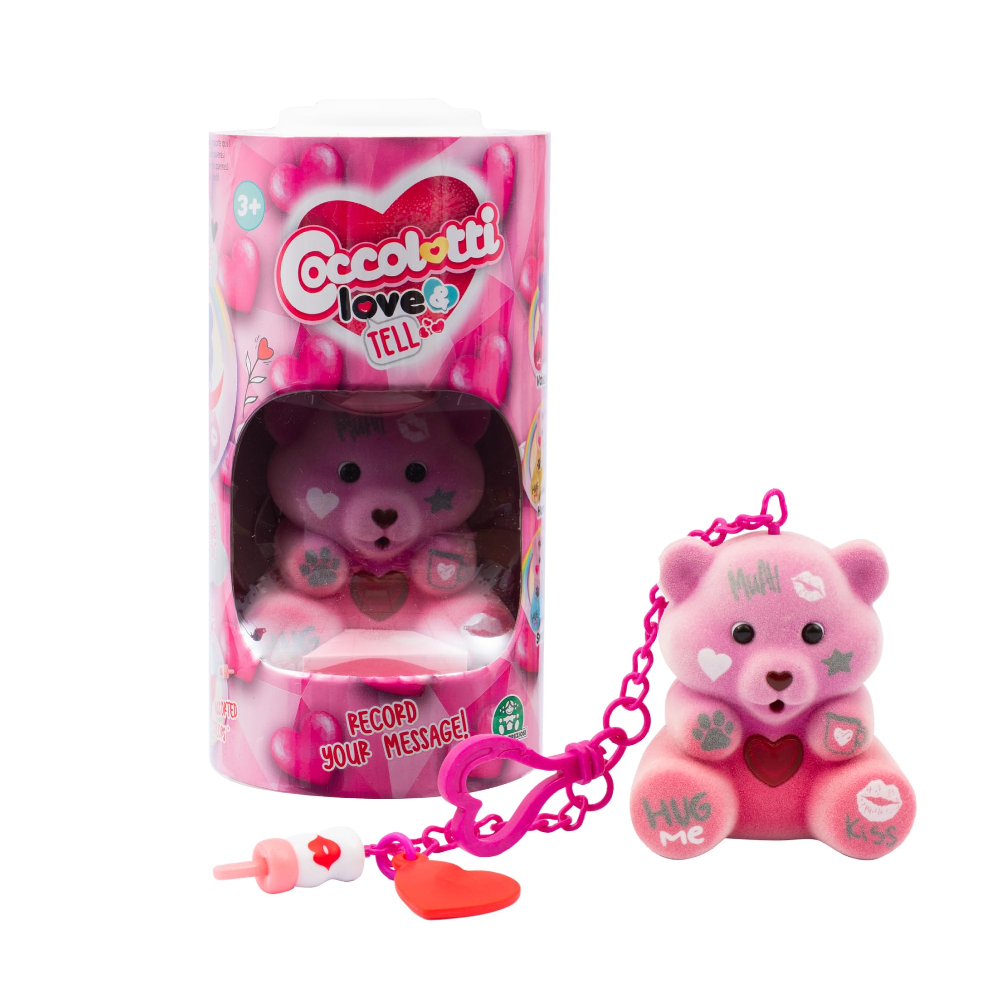 Coccolotti Love and Tell, 1 of 6 Interactive Teddy Bears with Recording Function and Nylon Charm Keychain, Records and Repeats Messages, Eco-Friendly Playhouse Packaging, Bear Chosen at Random