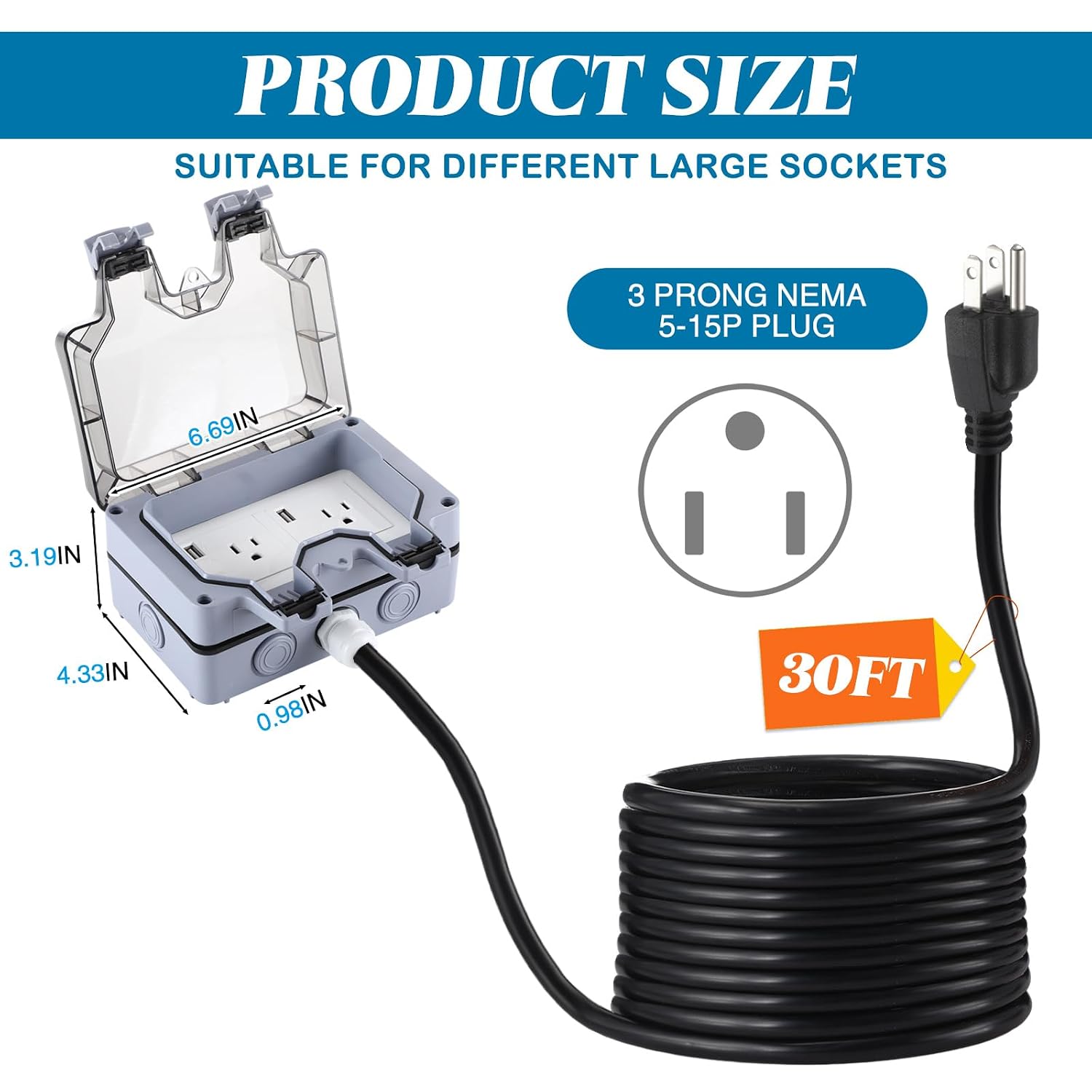 Kanayu Outdoor Power Outlet Box with 30Ft Extension Cord Dual 15 AMP 5-15 Receptacles Weatherproof Waterproof IP66 Outdoor Exterior Socket with Type C & USB Ports, 14 AWG/3C SJTW Cord