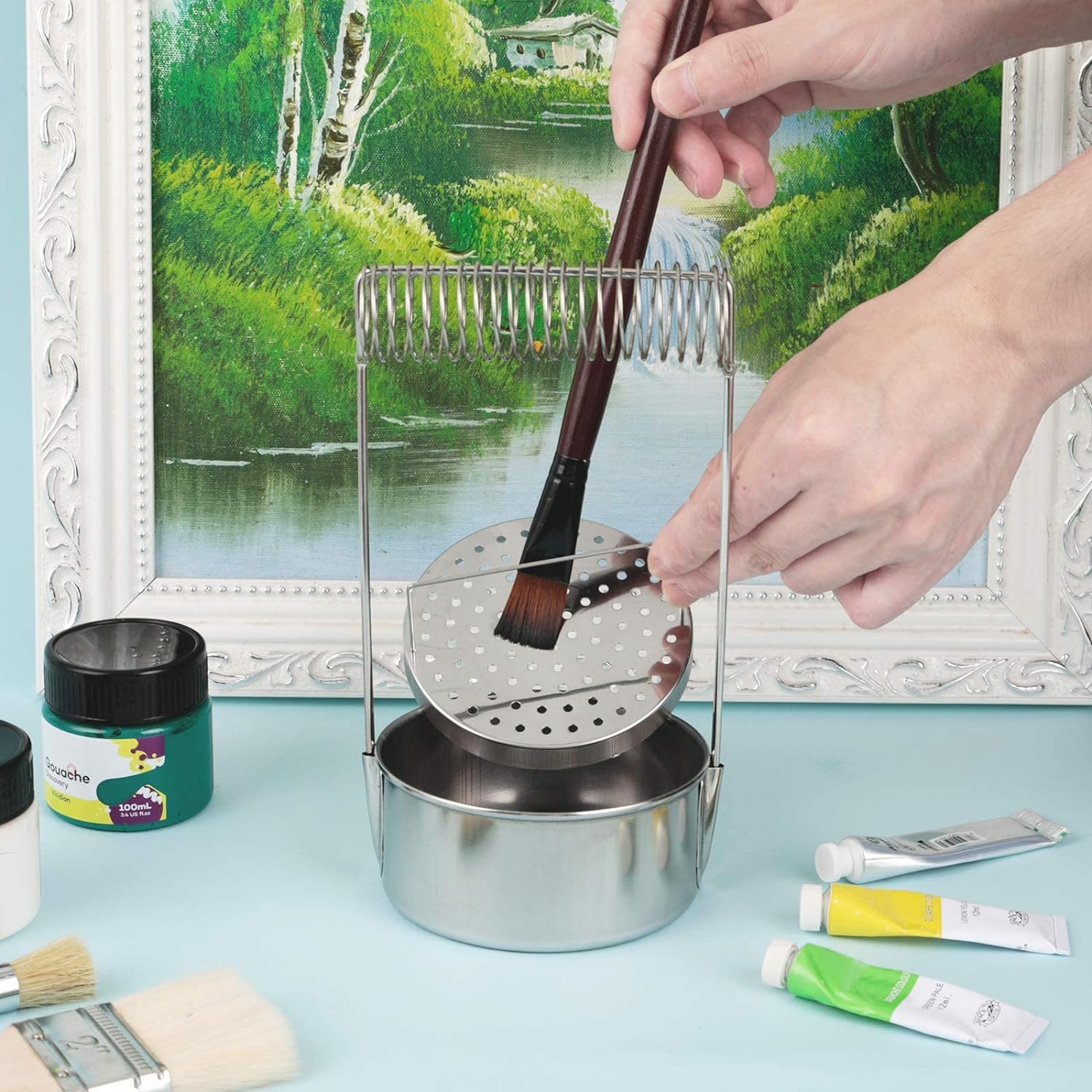 Lavapennelli Per Pittura Ad Olio In Acciaio Inox - Con Filtro E Supporto Asciugatura