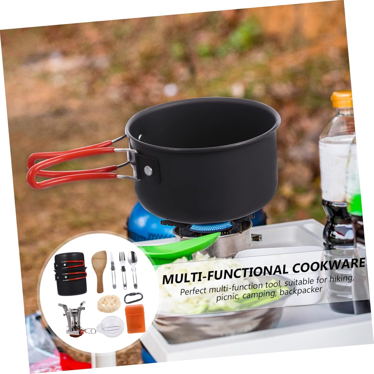 Toyvian 1set Ultra-Light Portable Camping Cookware Kit for People Non-Stick Tableware for Outdoor Cooking and Picnics Includes Pot Pan Plates and Utensils