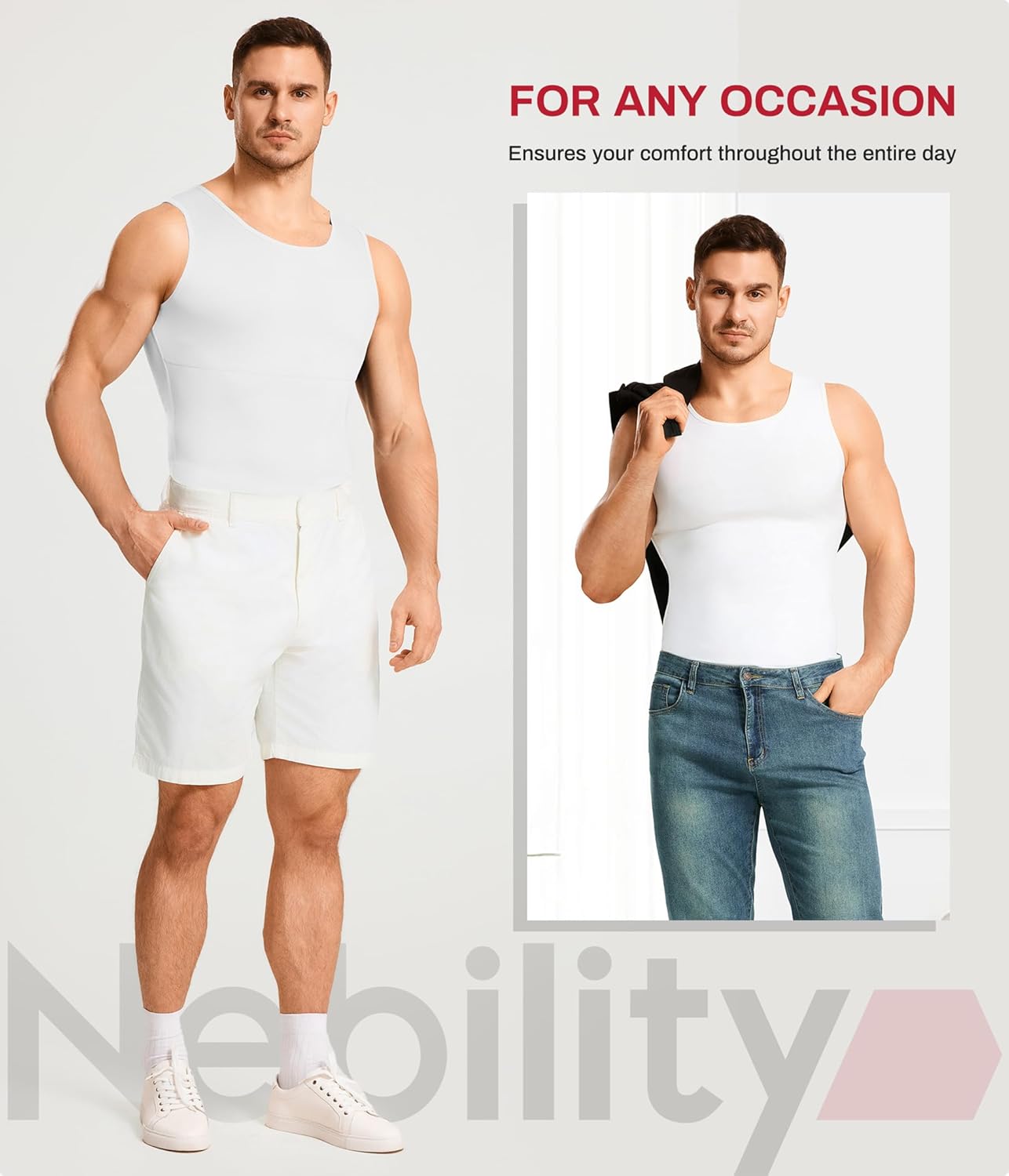 Nebility Shapewear Mens Compression Shirt - Slimming Body Shaper Vest Sleeveless Undershirts Workout Tank Tops