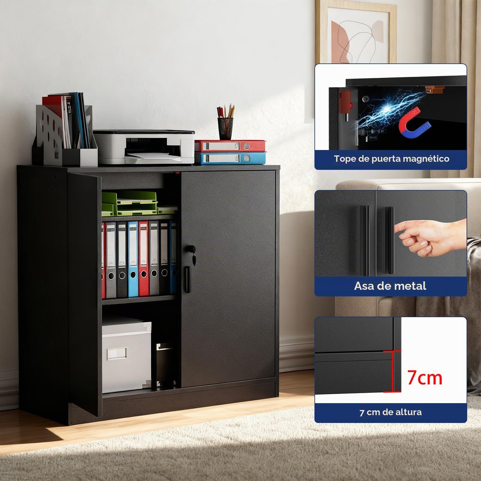 buybyroom Armario Oficina con Llave, Armario Multiusos Almacenaje para Cocina Archivador Oficina Dormitorio Garaje Herramientas y Salon, Baldas Ajustable, 2 Puertas, 87 cm Fondo, Negro
