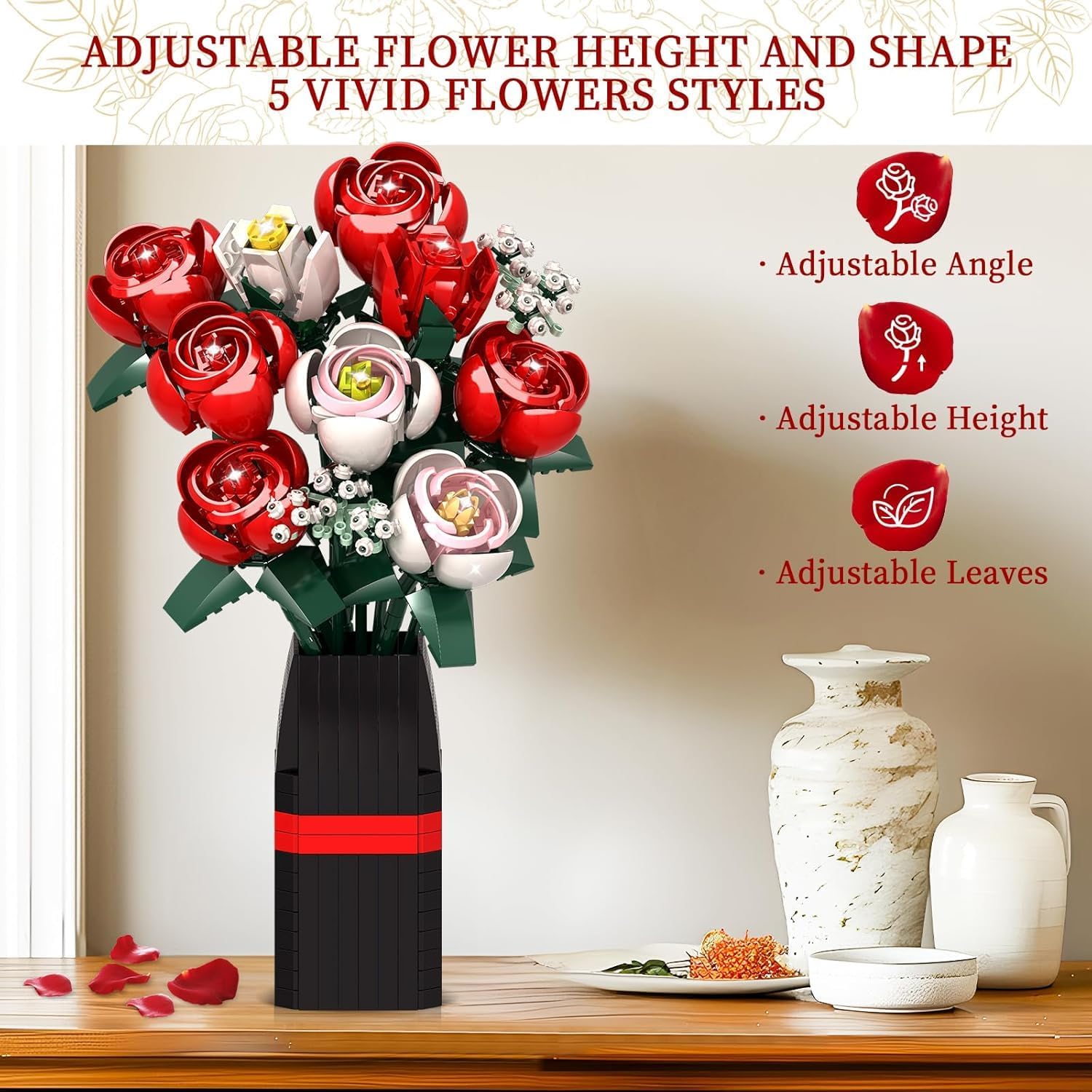 Mother's Day Roses Flower Bouquet Kit, 841PCS Red Roses Artificial Flowers with Vase, Botanical Collection Forever Rose Toy for Adults, Gifts for Mother's Day, Birthday, Wedding